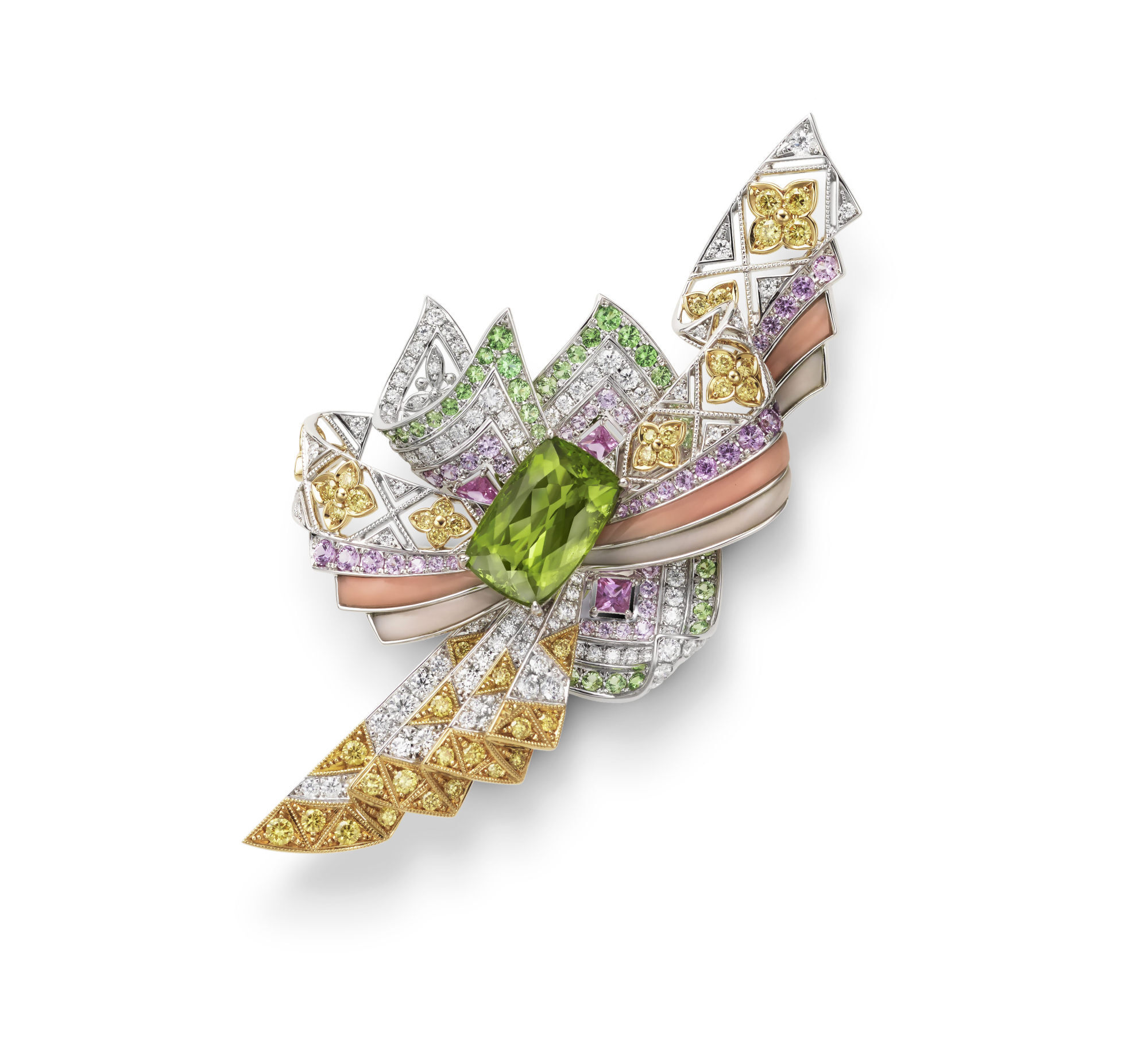 Mikimoto’s brooch with peridots, sapphires, garnets, diamonds and coral in 18K white and yellow gold. Photo: Mikimoto