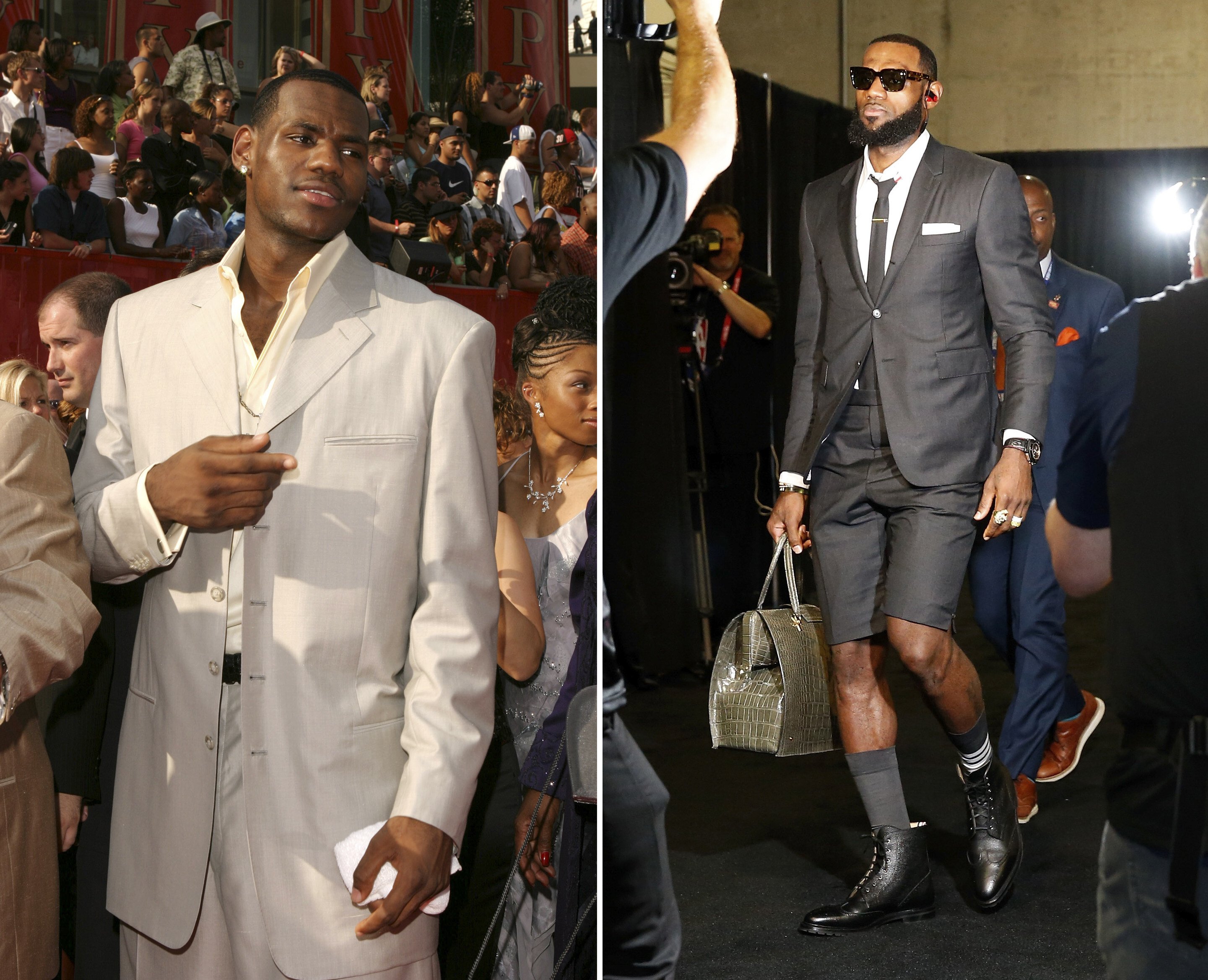 LeBron James in an ill-fitting baggy suit in 2003 (above, left) and in Thom Browne in 2018 as he arrives for the Cleveland Cavaliers’ first game in the NBA Finals. Photos: Chris Polk/FilmMagic and Lachlan Cunningham/Getty Images