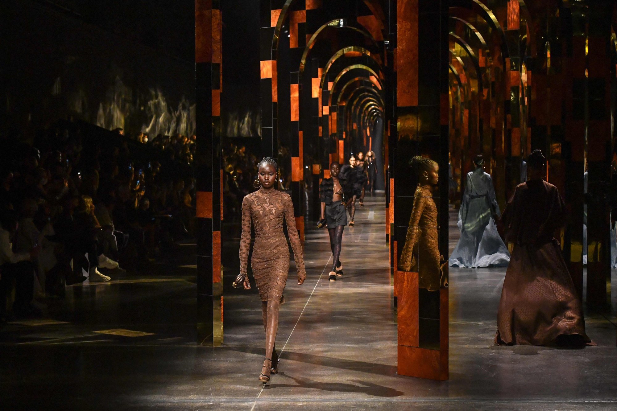 Body hugging lace in blacks and browns were part of Fendi’s new women’s collection. Photo: AFP
