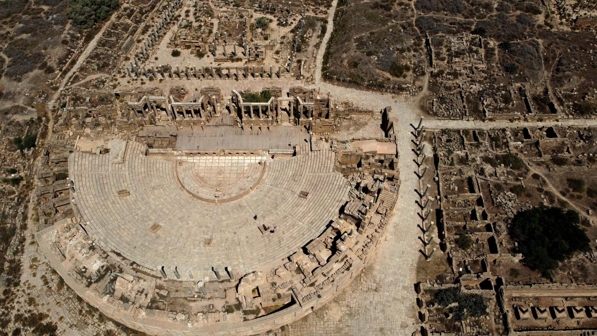 An aerial picture of the theatre in Leptis Magna. Photo: Mahmud Turkia/AFP