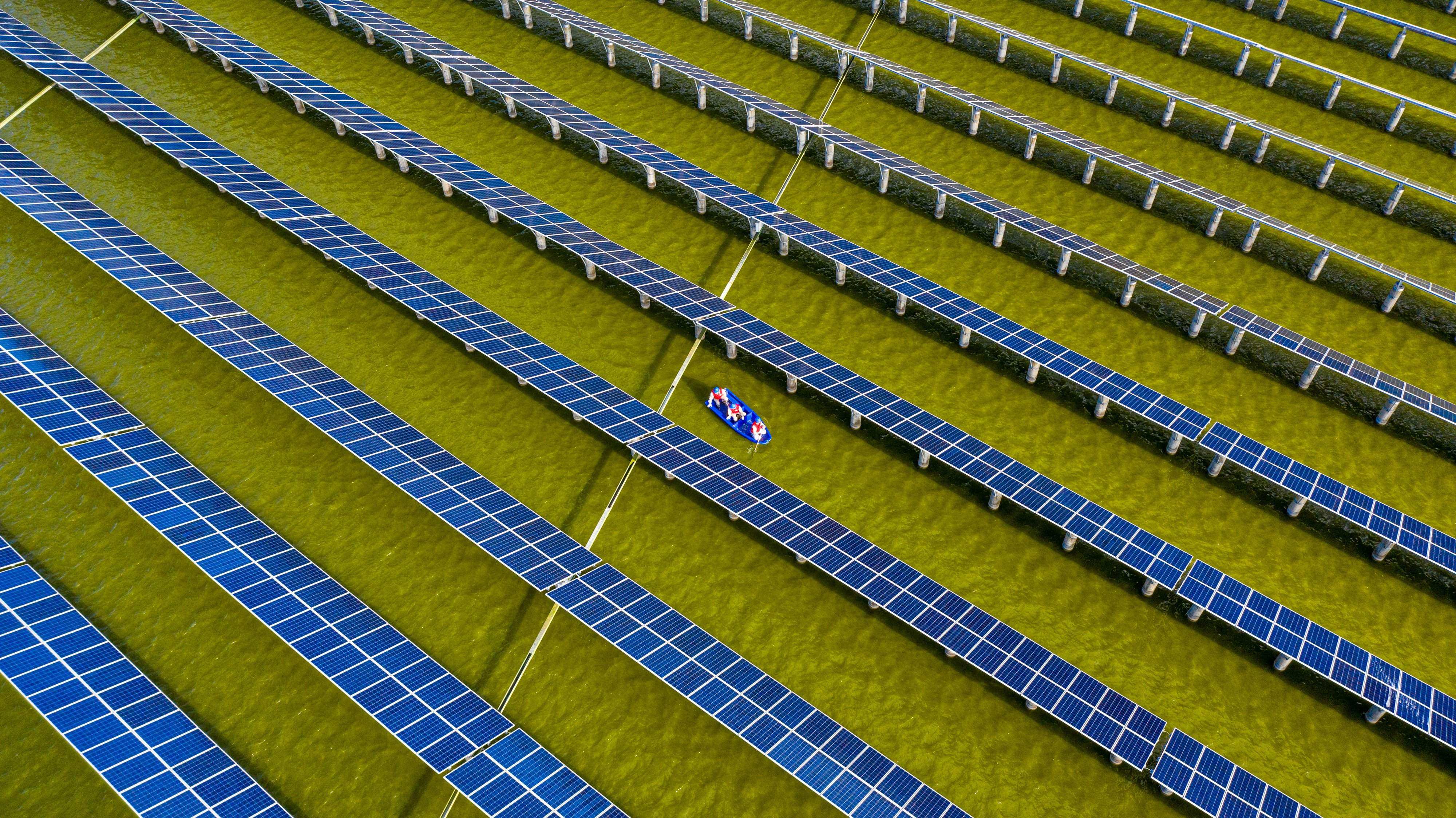 Electrical workers in a boat check solar panels at a photovoltaic power station built in a fishpond in Haian, eastern Jiangsu province, on July 19. Photo: AFP