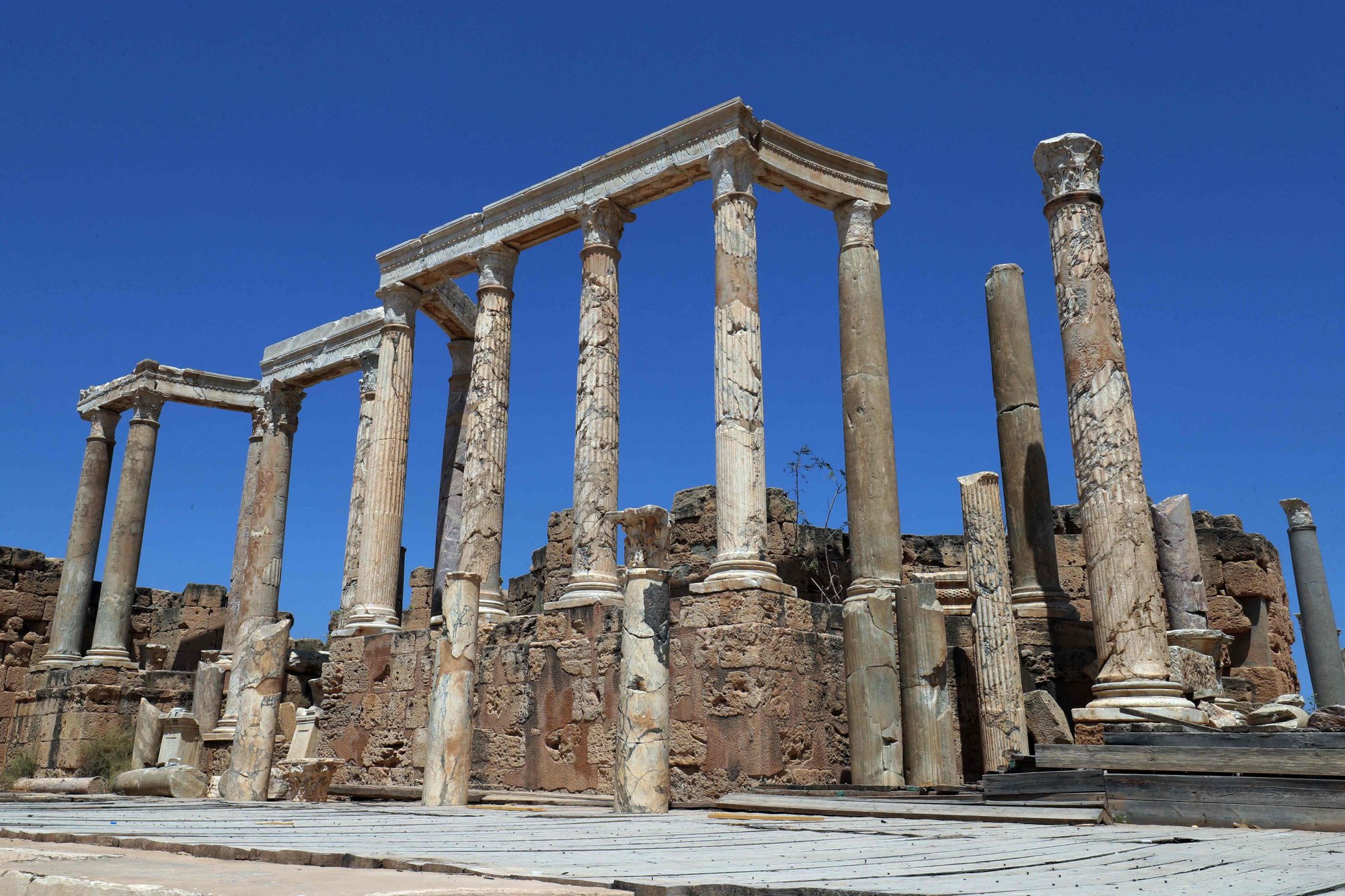 Marble columns line the theatre stage in the ancient Roman city of Leptis Magna. Photo: Mahmud Turkia/AFP