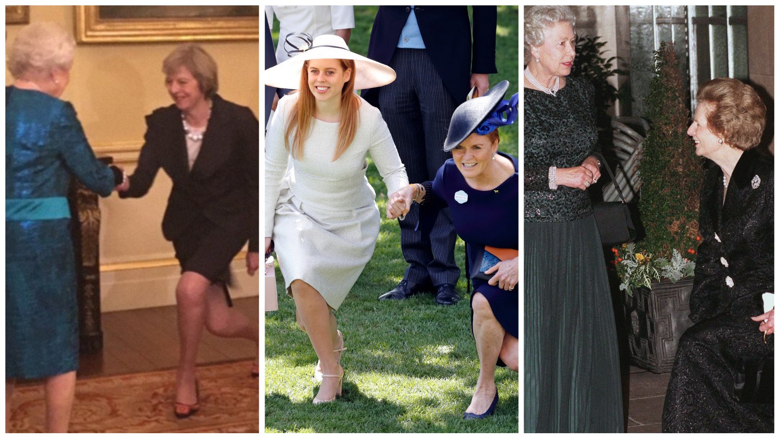 The British royal website suggests curtsying upon meeting the queen, but Theresa May, Princess Beatrice and Eugenie, and Margaret Thatcher are far from experts at it. Photos: @iamamoum/Twitter, Getty Images, PA Images via Getty Images