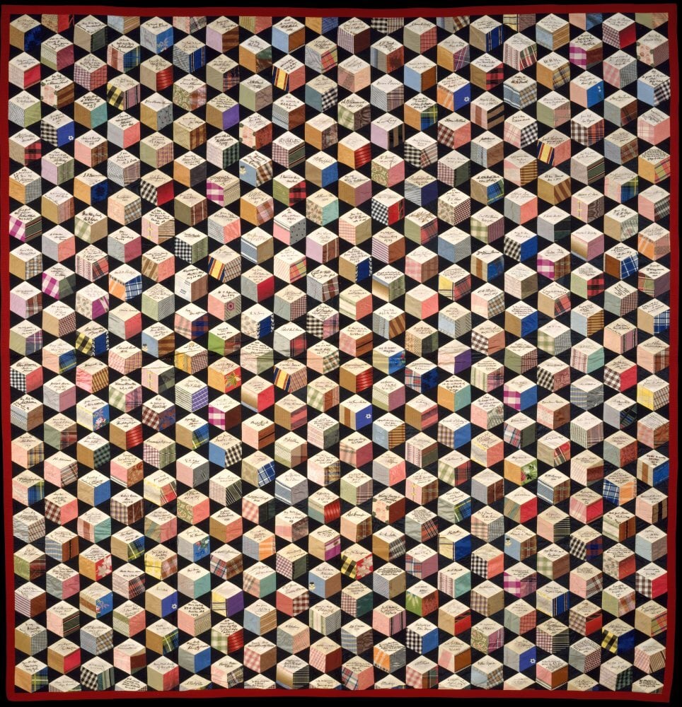 Signature quilt, “Tumbling Blocks” pattern by Adeline Harris Sears.