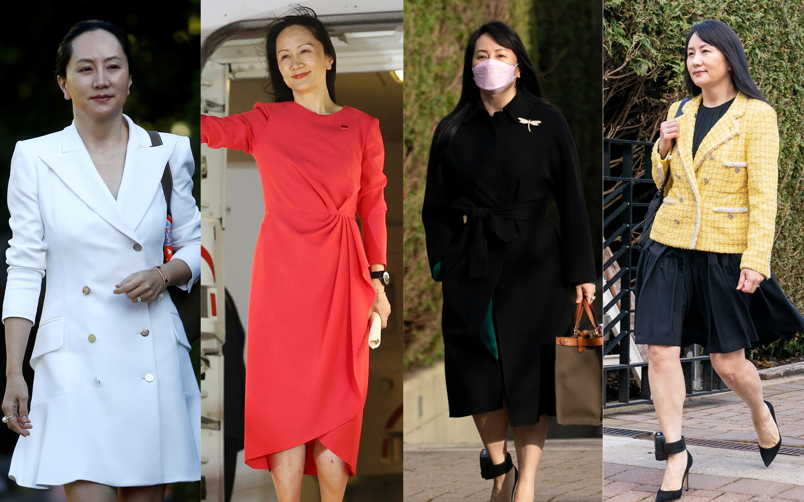 During her detention in Canada, Huawei CFO Meng Wanzhou ditched the hoodies and trainers for stylish looks by designer labels. Photos: Reuters, AP, The Canadian Press
