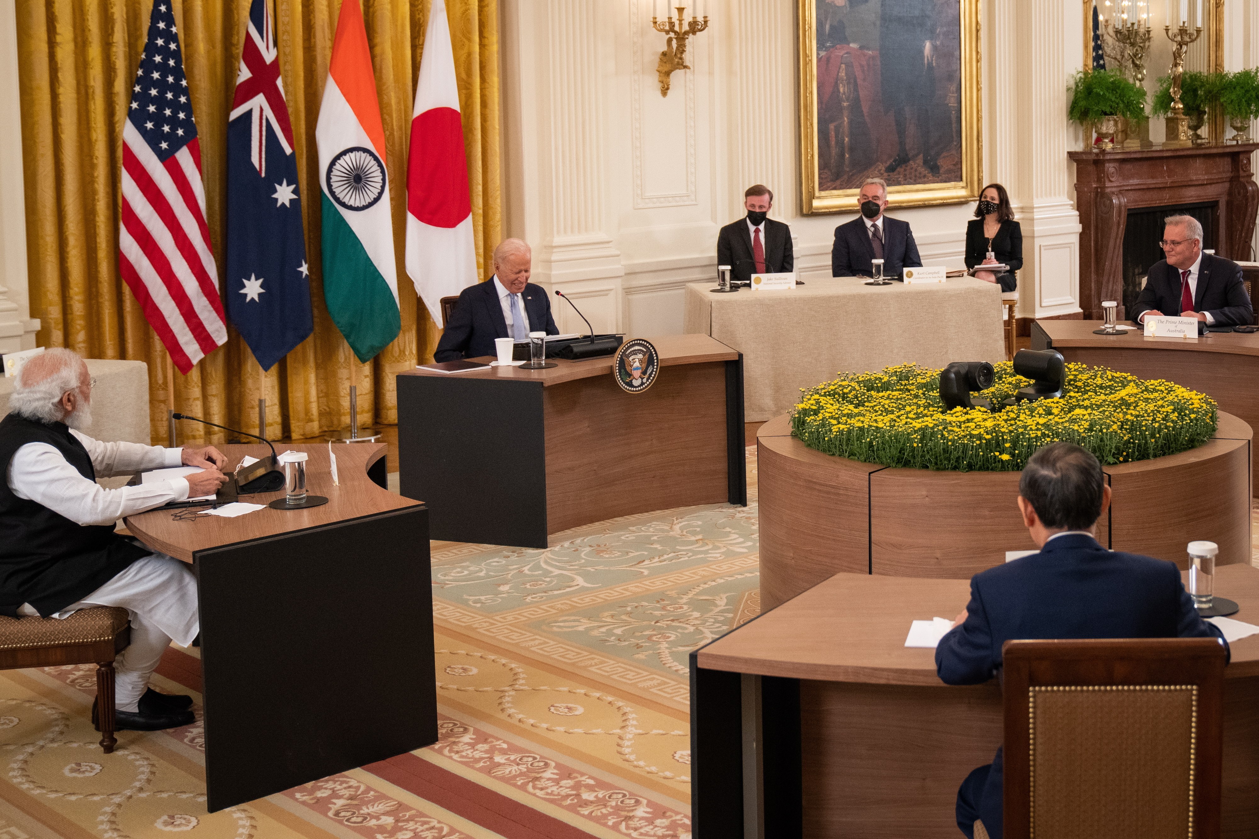 US President Joe Biden hosts a Quad leaders’ summit with (anticlockwise, from the left) Indian Prime Minister Narendra Modi, Japan’s Prime Minister Yoshihide Suga and Australian Prime Minister Scott Morrison, in the East Room at the White House in Washington on September 24. US-led initiatives may add fuel to China’s victim-playing. Photo: EPA-EFE