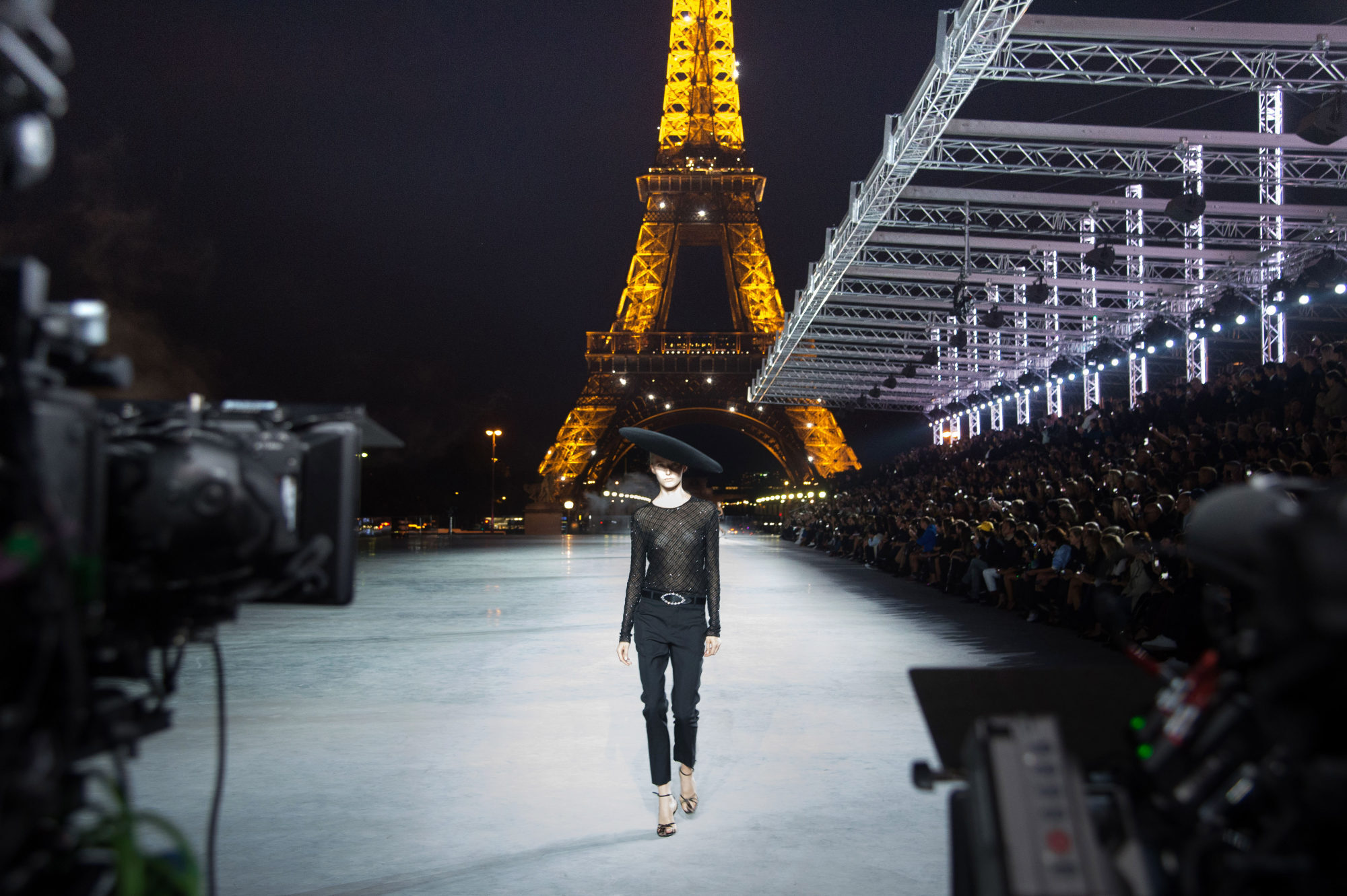 Bureau Betak’s catwalk by the Eiffel Tower for the Yves Saint Laurent spring/summer 2018 show. Photo: Getty Images