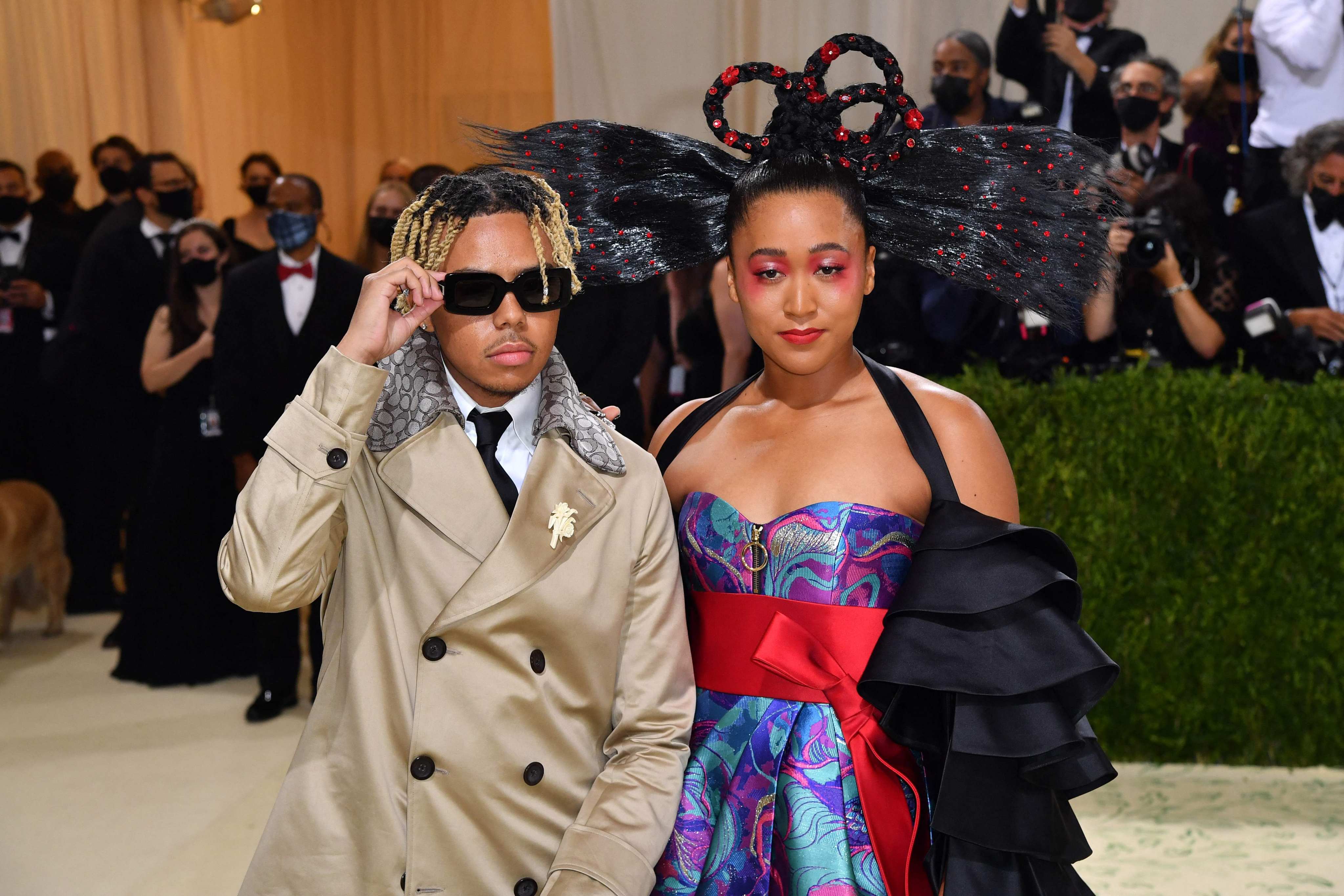 Japanese tennis player Naomi Osaka and US singer Cordae arrive for the 2021 Met Gala at the Metropolitan Museum of Art on September 13 in New York. Photo: AFP