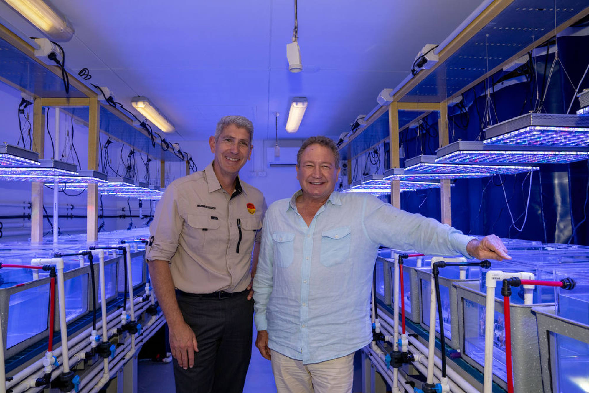 Flourishing Oceans CEO Tony Worby (left) and Andrew Forrest, who funded the Minderoo Foundation Exmouth Research Laboratory. Photo: Blue Media