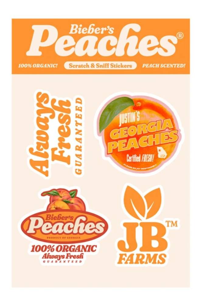Justin Bieber released a line of peach scented scratch-and-sniff stickers after the release of his hit track Peaches. Photo: shop.justinbiebermusic.com