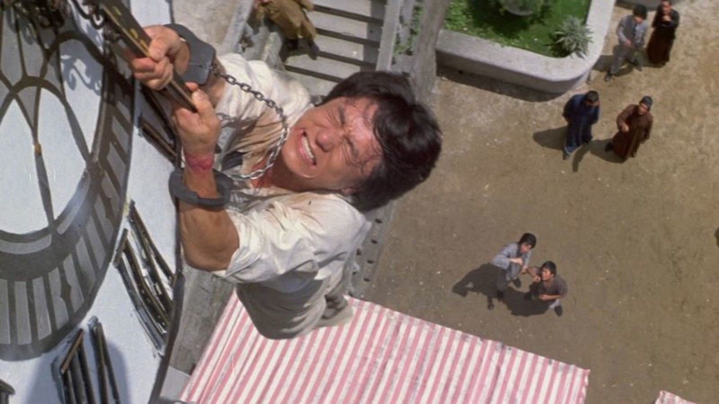 In the famous clock tower stunt from Project A, Jackie Chan fell from the 22-metre structure and passed through two awnings that broke his fall.