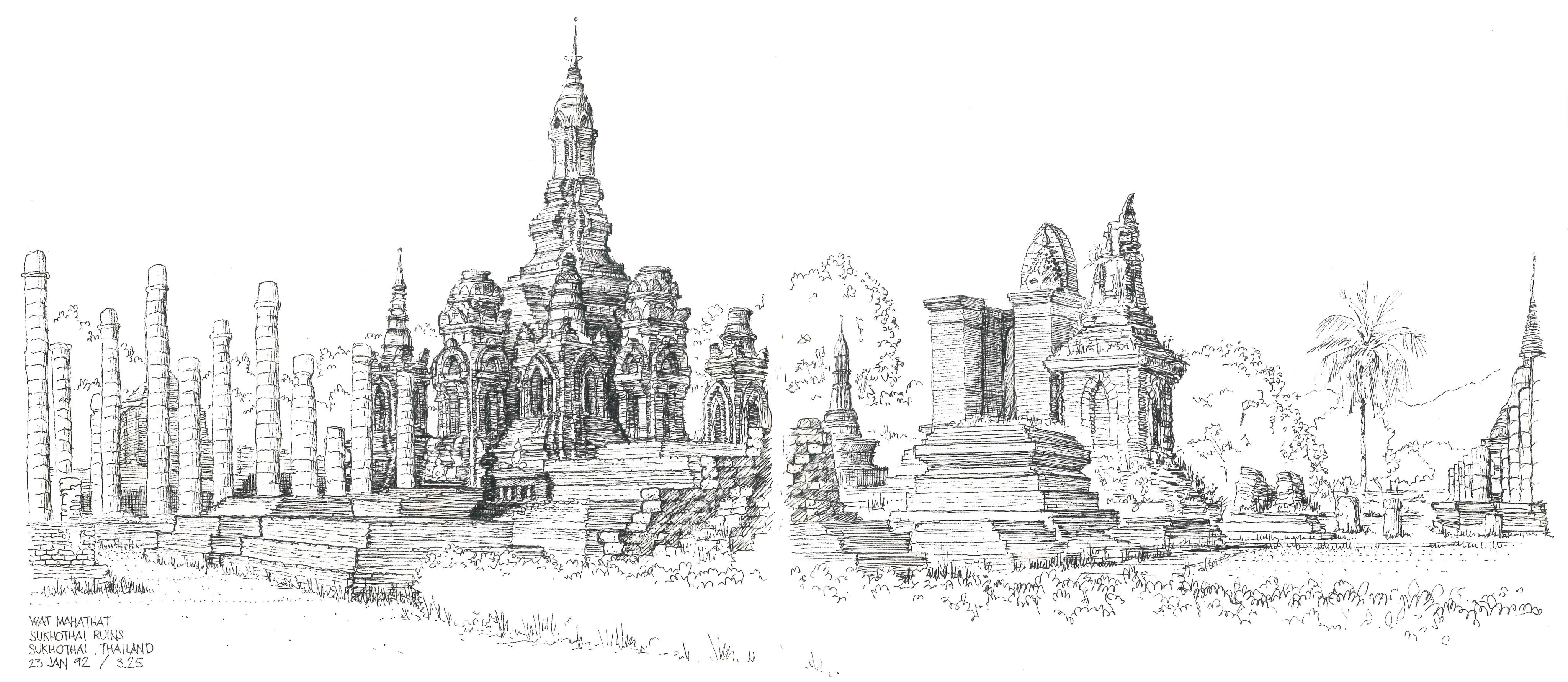 The Bumbling Traveller: Sketching the World, by Tom Schmidt, includes an illustration of the Sukhothai ruins in Thailand, accompanied by the caption “Sometimes a place is so awe-inspiring that more than one sketchbook page is required to capture its grandeur.” Photo: courtesy of Tom Schmidt