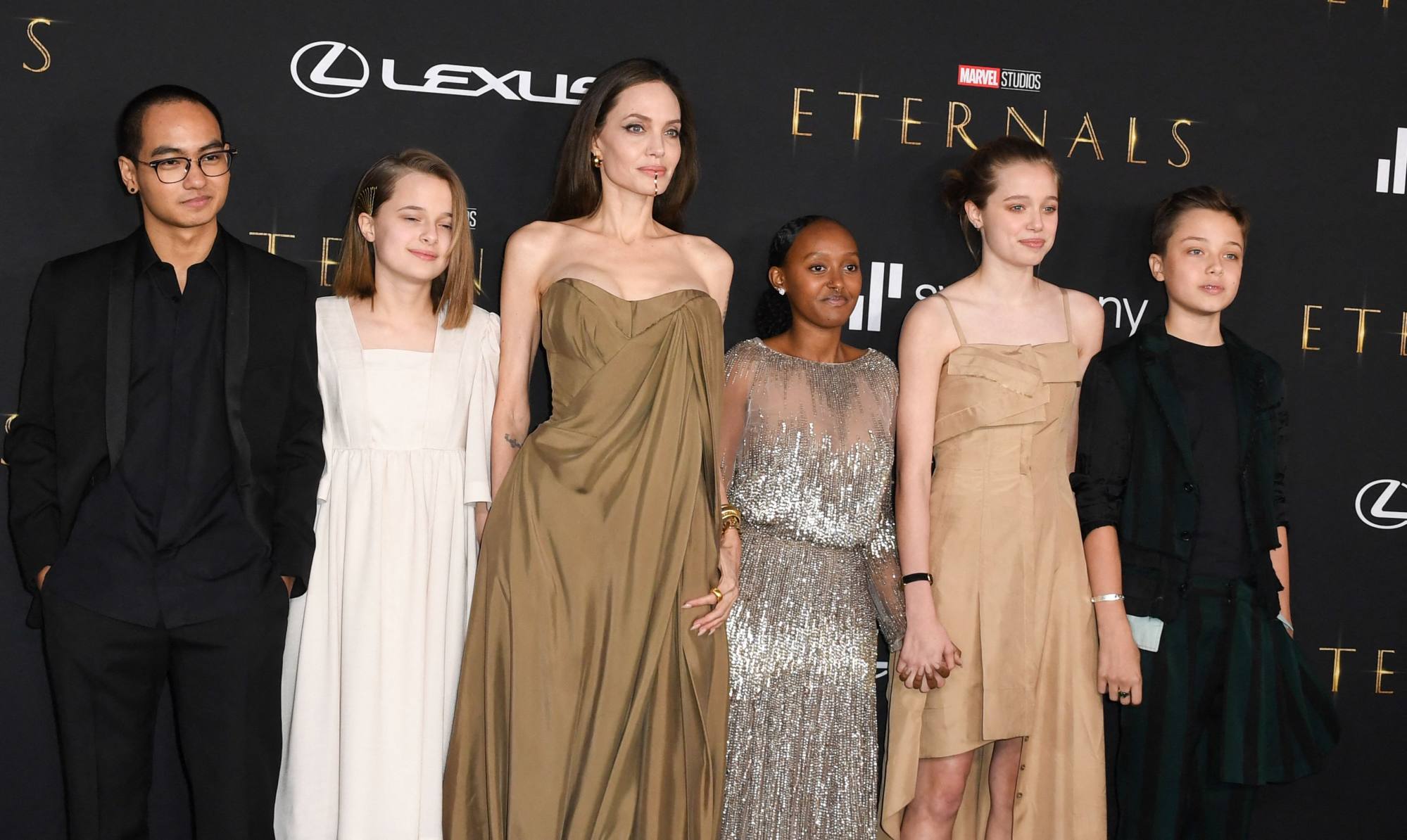 Angelina Jolie with five of her children at the world premiere of Marvel Studios’ Eternals at the Dolby Theatre in Los Angeles on October 18. Photo: AFP 