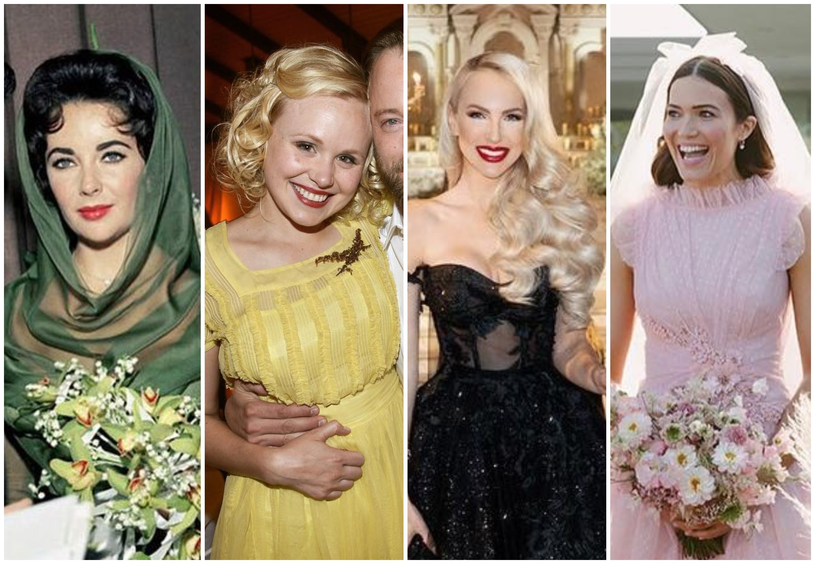Elizabeth Taylor, Alison Pill, Christine Quinn and Mandy Moore all opted for colourful wedding gowns instead of the traditional white. Photos: @elizabethtaylor, @msalisonpill, @thechristinequinn, @mandymooremm/Instagram