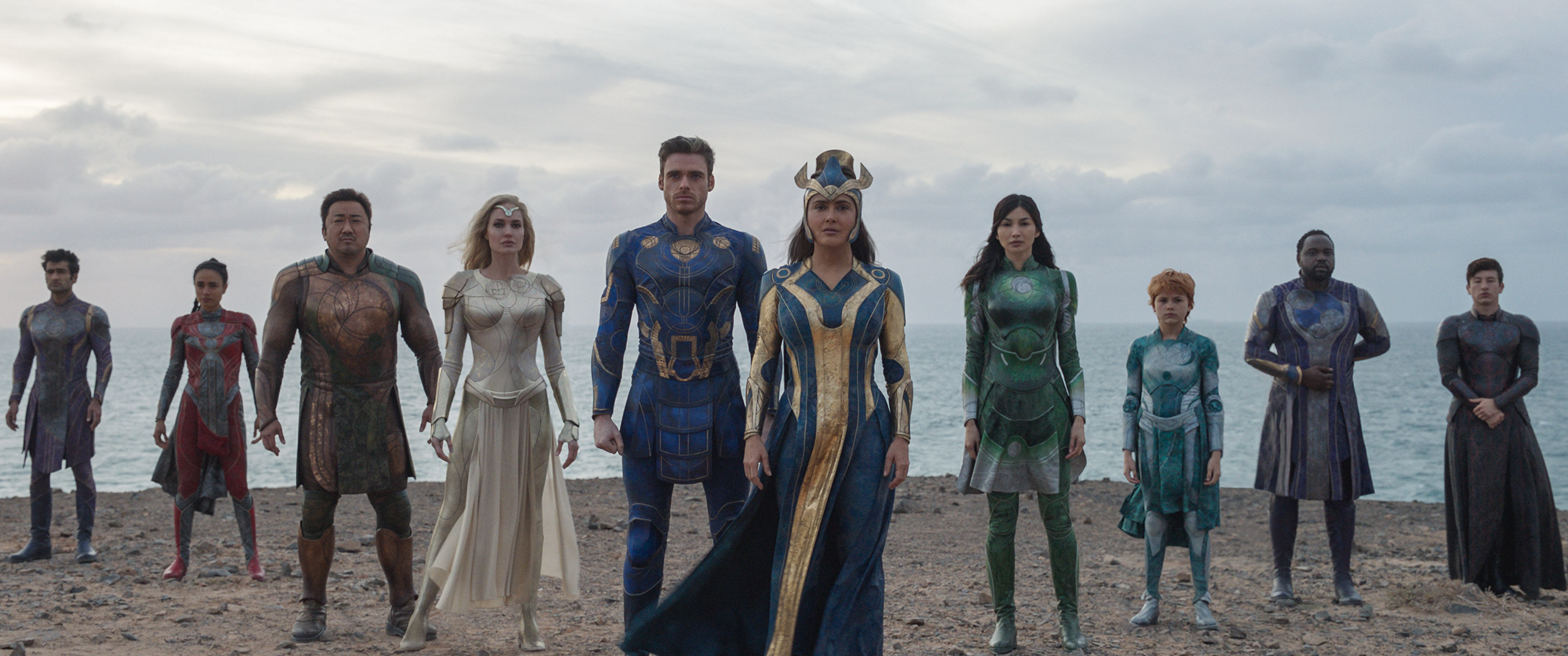 (From left): Kingo (played by Kumail Nanjiani), Makkari (Lauren Ridloff), Gilgamesh (Don Lee), Thena (Angelina Jolie), Ikaris (Richard Madden), Ajak (Salma Hayek), Sersi (Gemma Chan), Sprite (Lia McHugh), Phastos (Brian Tyree Henry) and Druig (Barry Keoghan) in a still from Eternals. Photo: Marvel Studios