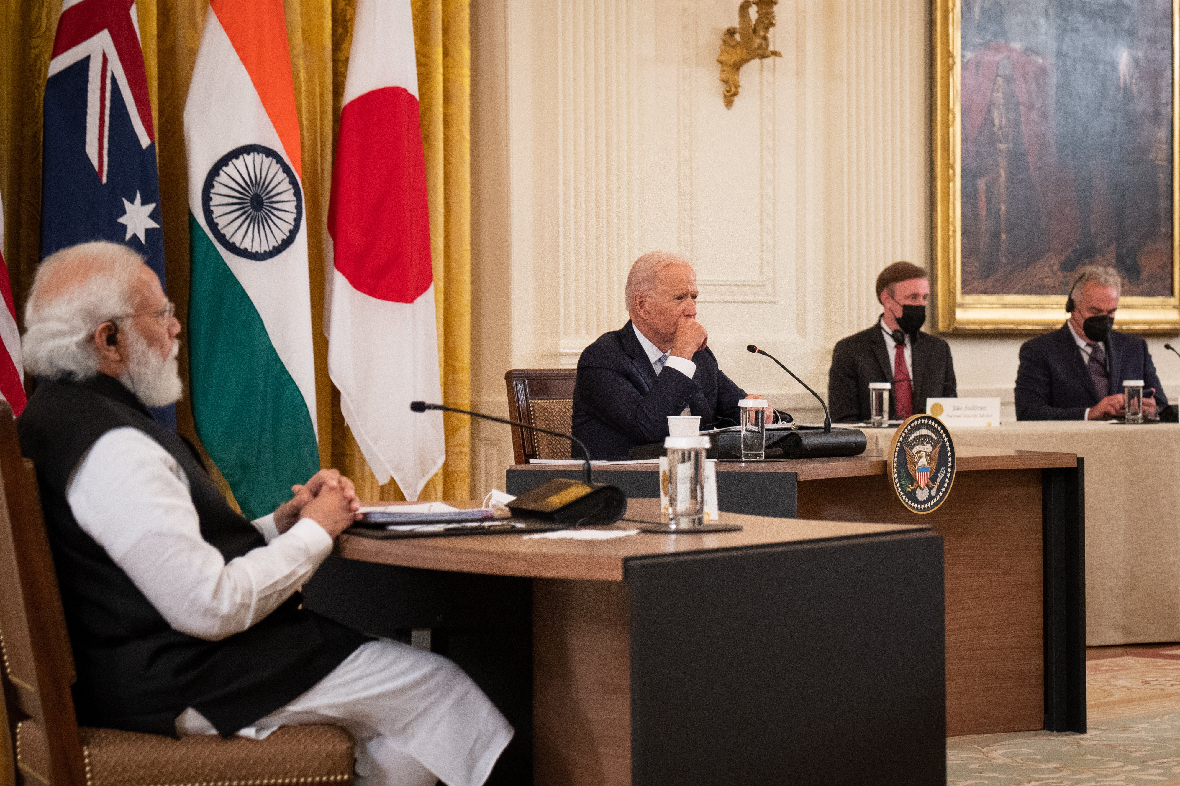 Indian Prime Minister Narendra Modi (left) attends a meeting with US President Joe Biden (centre) and other officials in the East Room of the White House in Washington on September 24. Modi, Biden and other members of the Quad unveiled a series of initiatives aimed at counteracting Chinese influence across the Pacific. Photo: Bloomberg