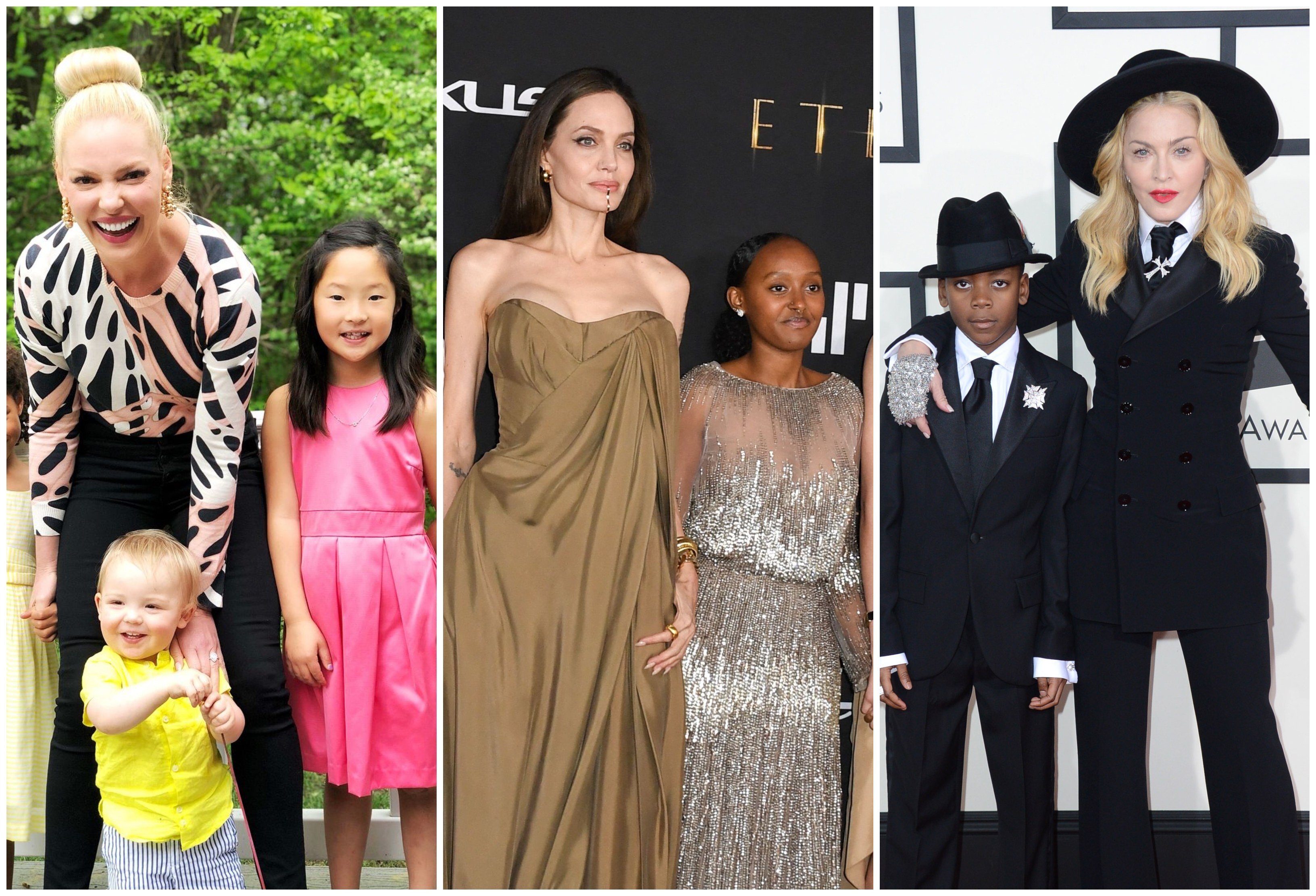 Katherine Heigl, Angelina Jolie and Madonna all adopted kids. Photos: @katherineheigl/Instagram, AFP, AP