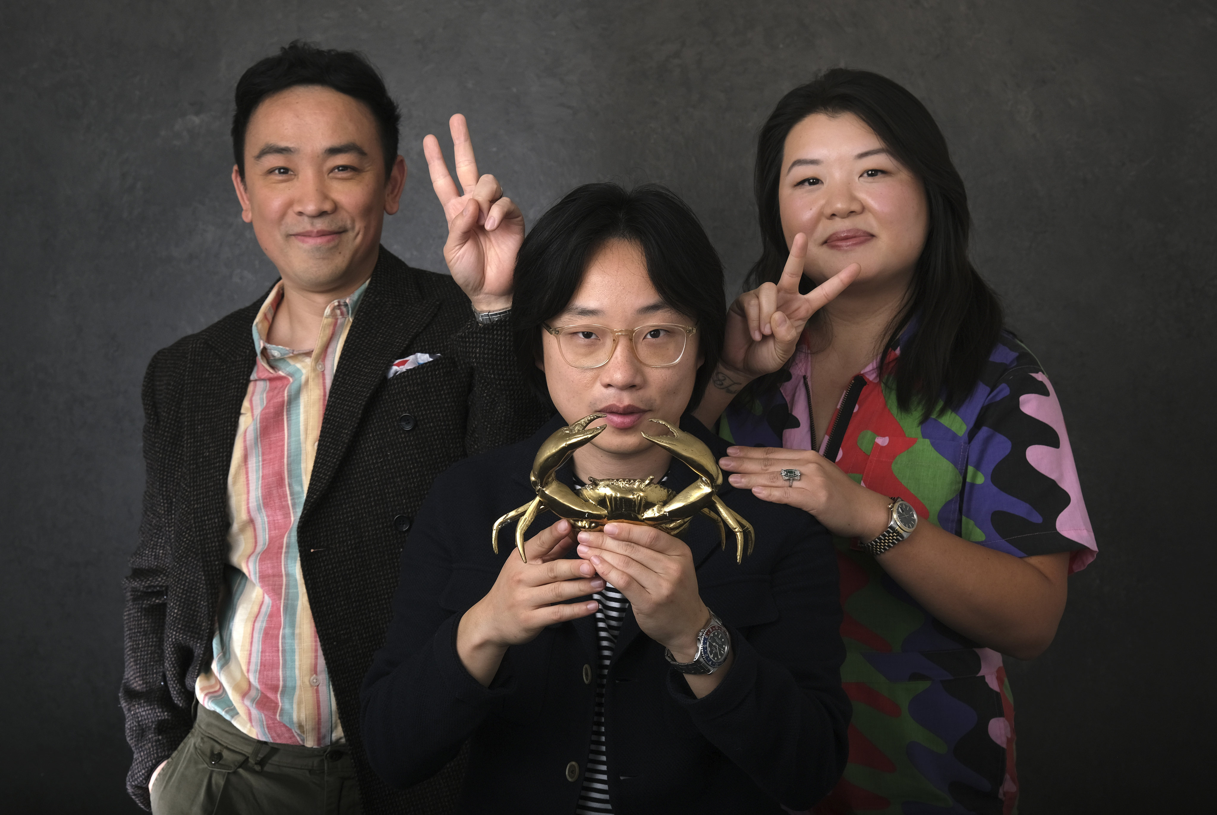 Crab Club, run by Crazy Rich Asians actor Jimmy O. Yang (centre), Ken Cheng (left) and Jessica Gao, is a Hollywood production company focused on Asian-American stories that started as a supper club for friends. Photo: AP