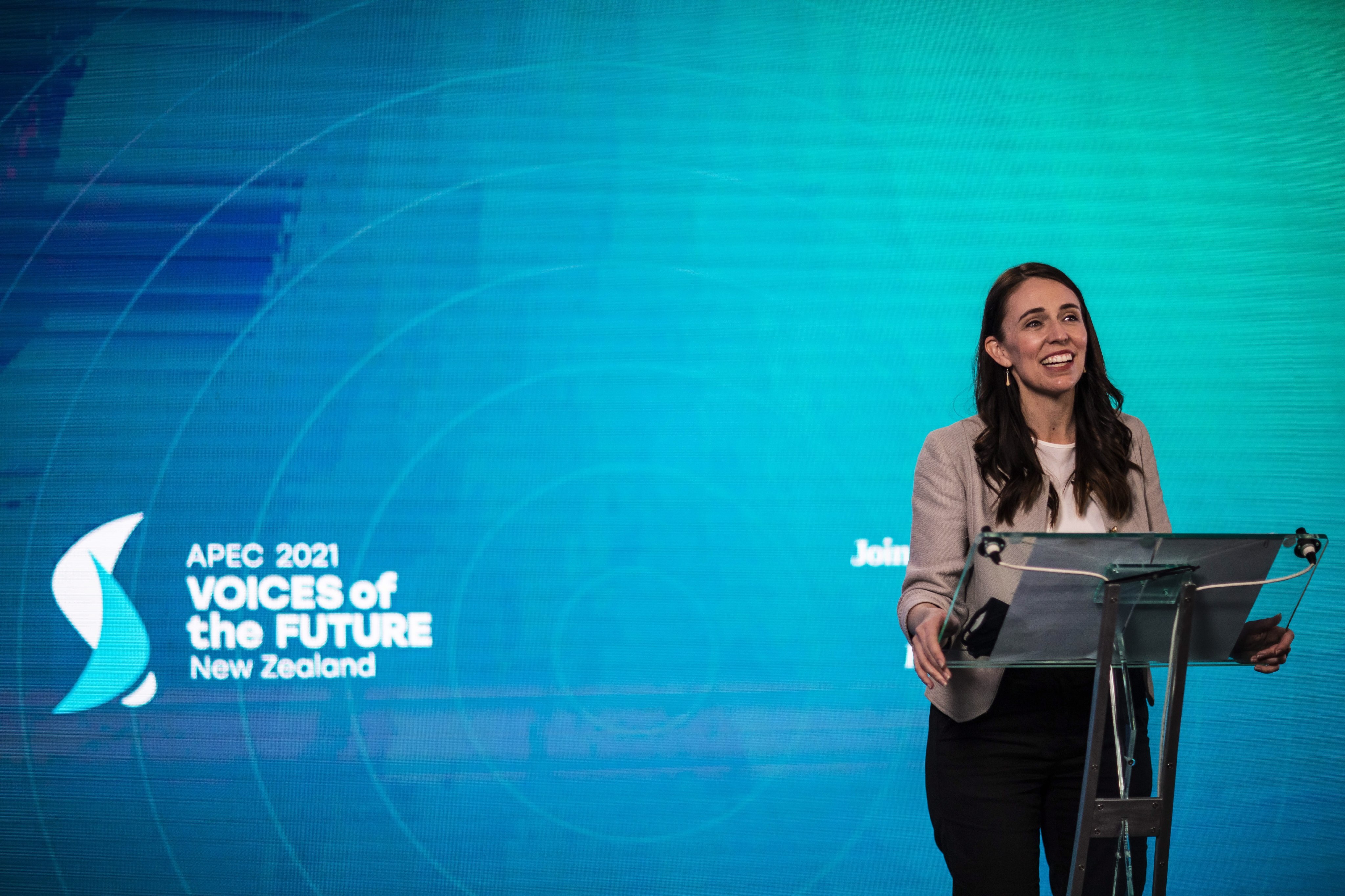 Prime Minister of New Zealand and Apec 2021 chair Jacinda Ardern attends the Voices of the Future event for youth delegates, in Wellington, New Zealand, on November 10. Photo: EPA-EFE