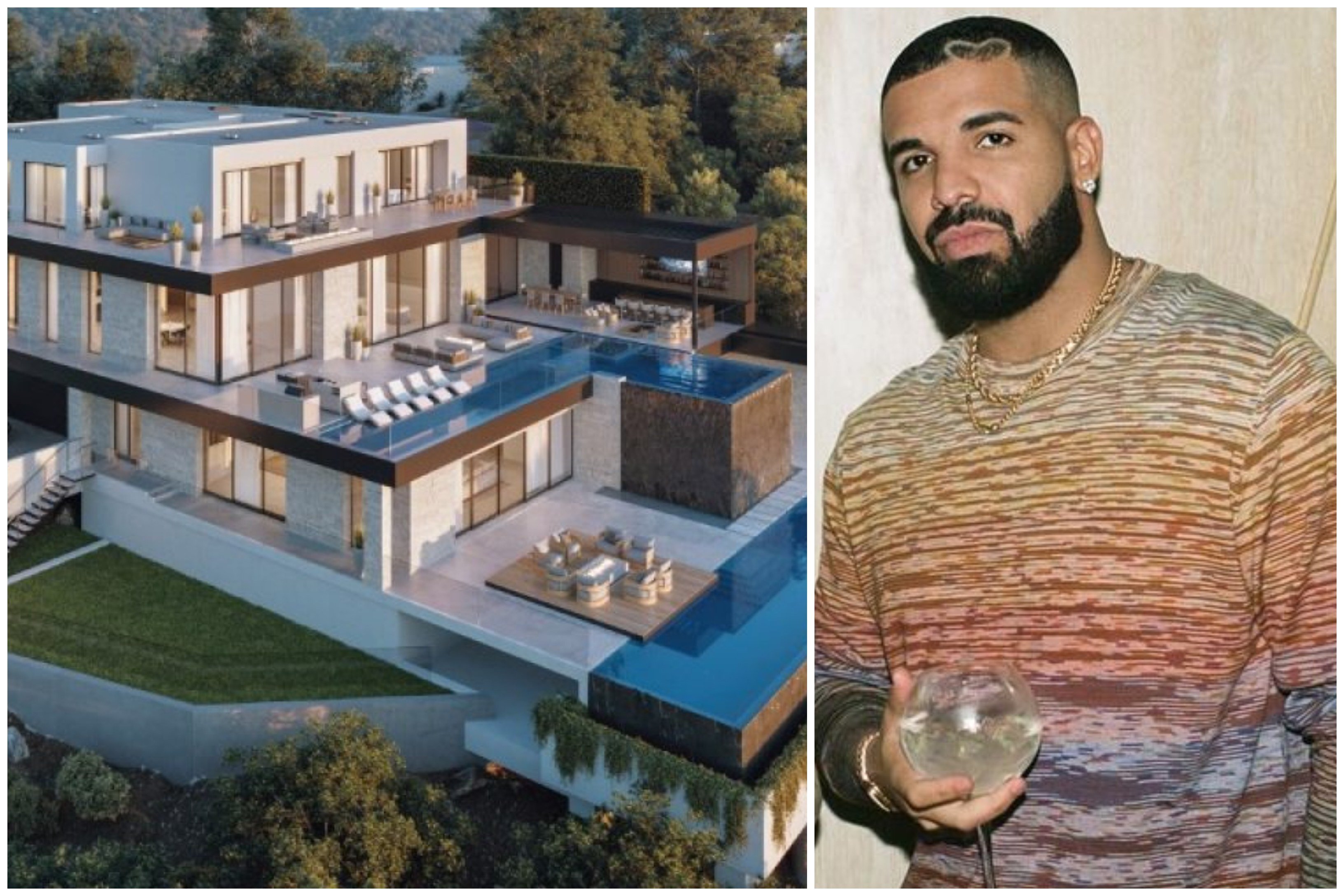Drake and his stunning Beverly Hills rental, Elementi. Photo: @champagnepapi/Instagram, TopTenRealEstateDeals.com