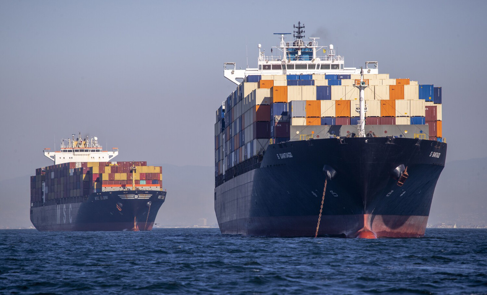 Some of the dozens of container ships siting off the coast of the Ports of Los Angeles and Long Beach while waiting to be unloaded on October 13. Photo: TNS