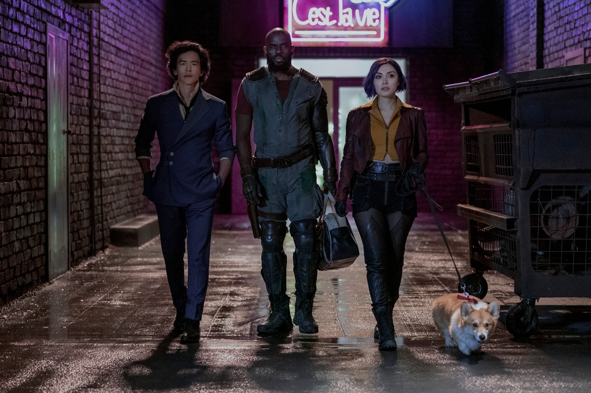 (From left) Cho as Spike Spiegel, Mustafa Shakir as Jet Black, and Pineda as Faye Valentine in a still from Cowboy Bebop. Photo: Geoffrey Short/Netflix