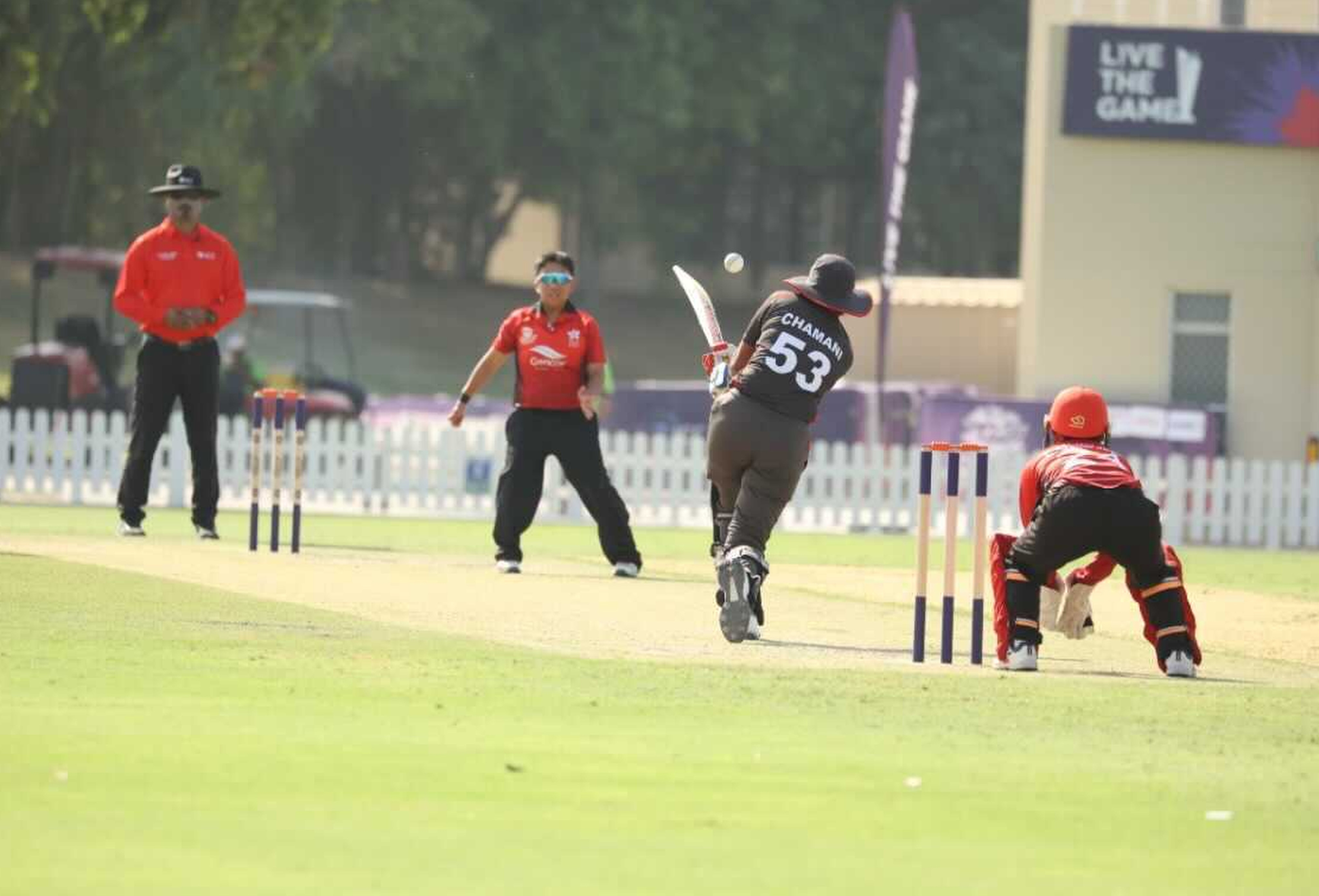 Hong Kong v UAE at ICC Academy in Dubai for Women’s T20 World Cup Asian regional qualifier. UAE batsman Chamani Seneviratna drives a ball back towards Hong Kong’s Betty Chan during at the ICC Academy grounds in Dubai. Photo: ICC