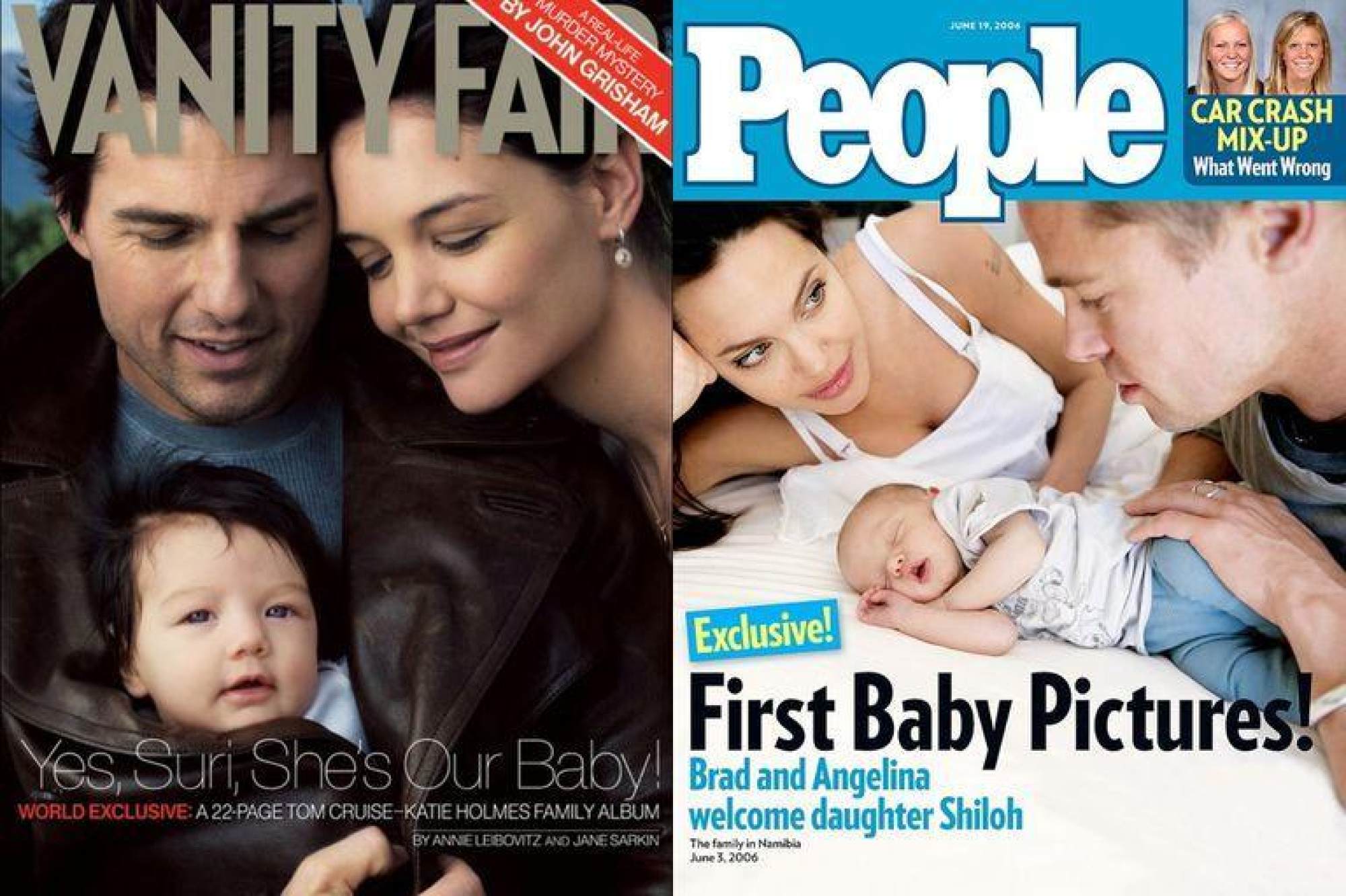 Exclusive magazine covers capture early moments in the lives of Suri Cruise, seen left with father Tom Cruise and mother Katie Holmes, and Shiloh Jolie-Pitt with parents Angelina Jolie and Brad Pitt. Photos: Handouts