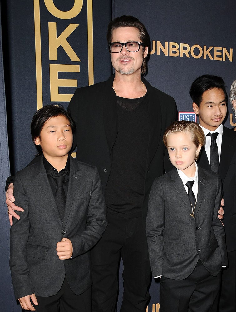 Actor Brad Pitt with children Pax, Shiloh and Maddox Jolie-Pit at the premiere of Unbroken in December 2014, in Hollywood, California. Photo: FilmMagic