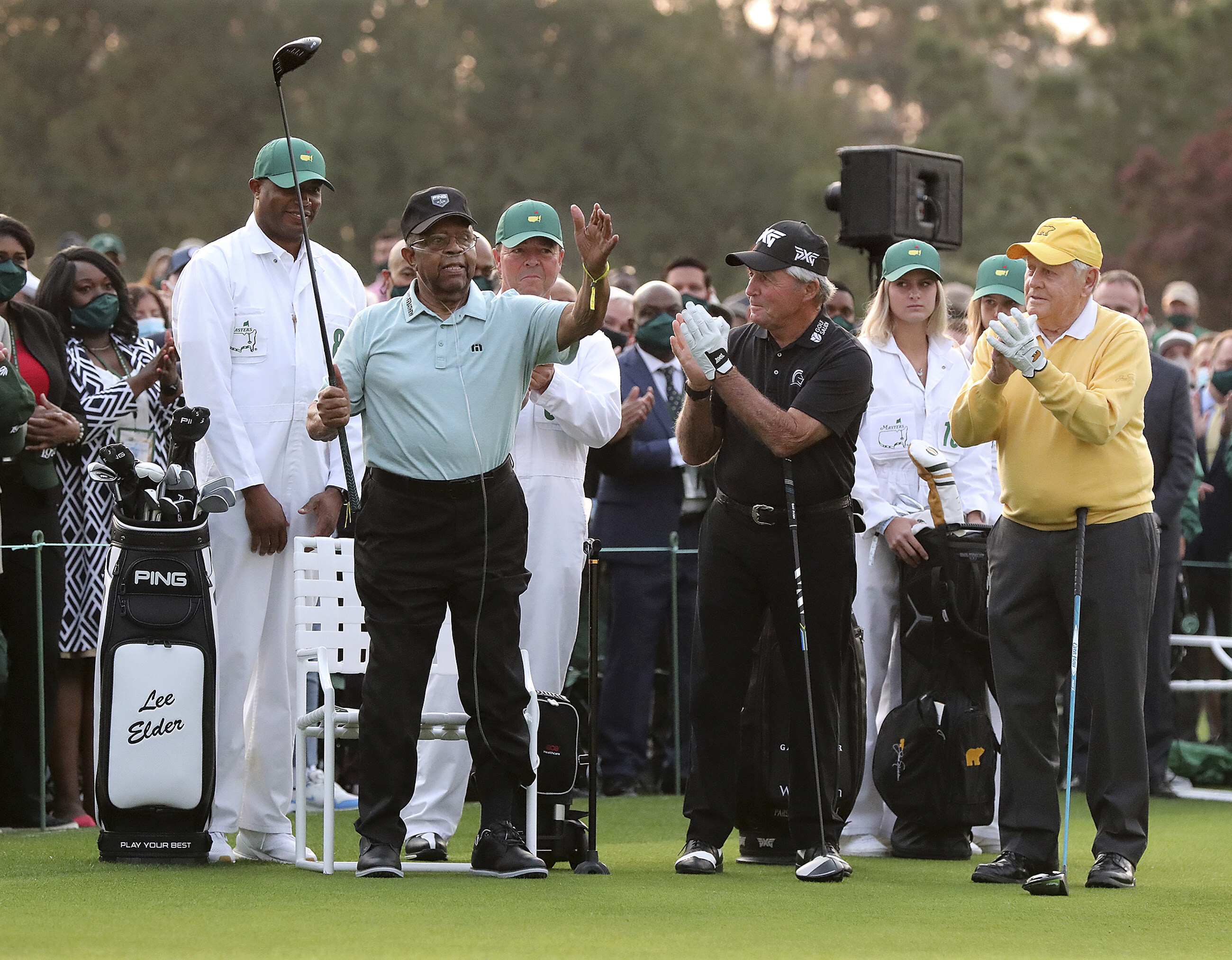 Honorary starter Lee Elder (left) is applauded by Gary Player (centre) and Jack Nicklaus during introductions for the ceremonial tee shots to begin the Masters at Augusta National in April. Photo: AP