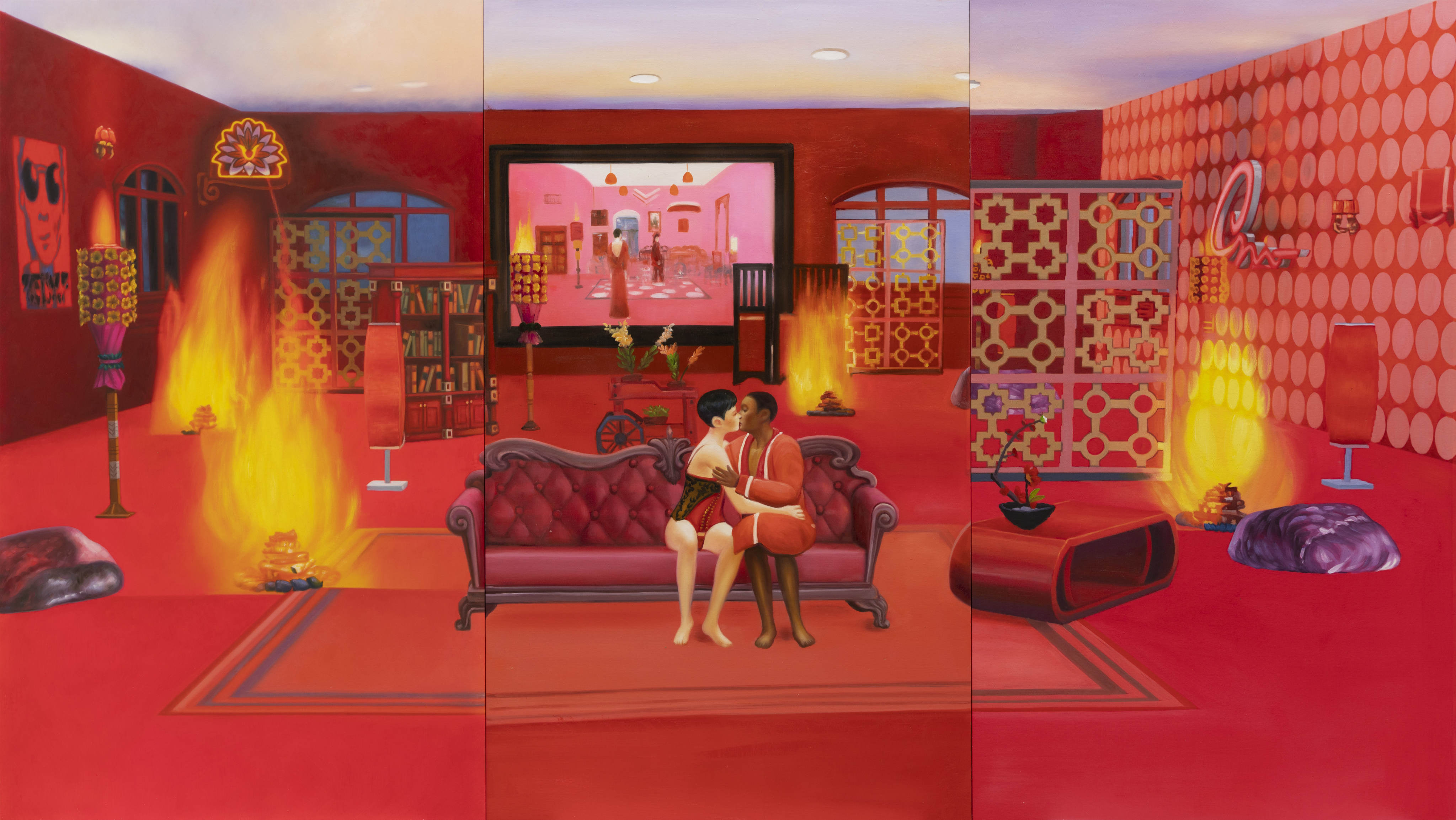 Feng Shui Painting, Fire 4 (2021) by Mak Ying-tung 2. The triptych, part of the artist’s “Home Sweet Home” series, was created using computer game The Sims and contains auspicious configurations of astrological concepts. Photo: Courtesy of the artist and de Sarthe
