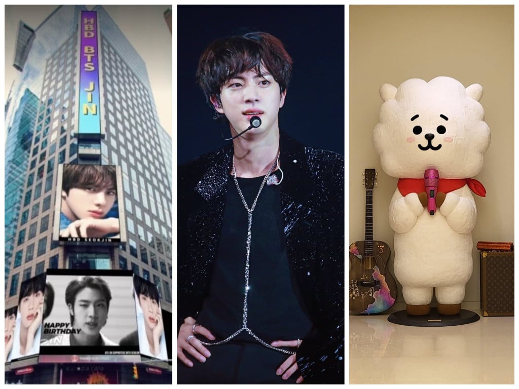 Fans love to shower BTS’ Jin with unique birthday gifts, such as billboards in NYC’s Times Square and a life-size RJ doll from BT21. Photos: @tangJINjaemx, @reirjka, @lajinbonana/Twitter