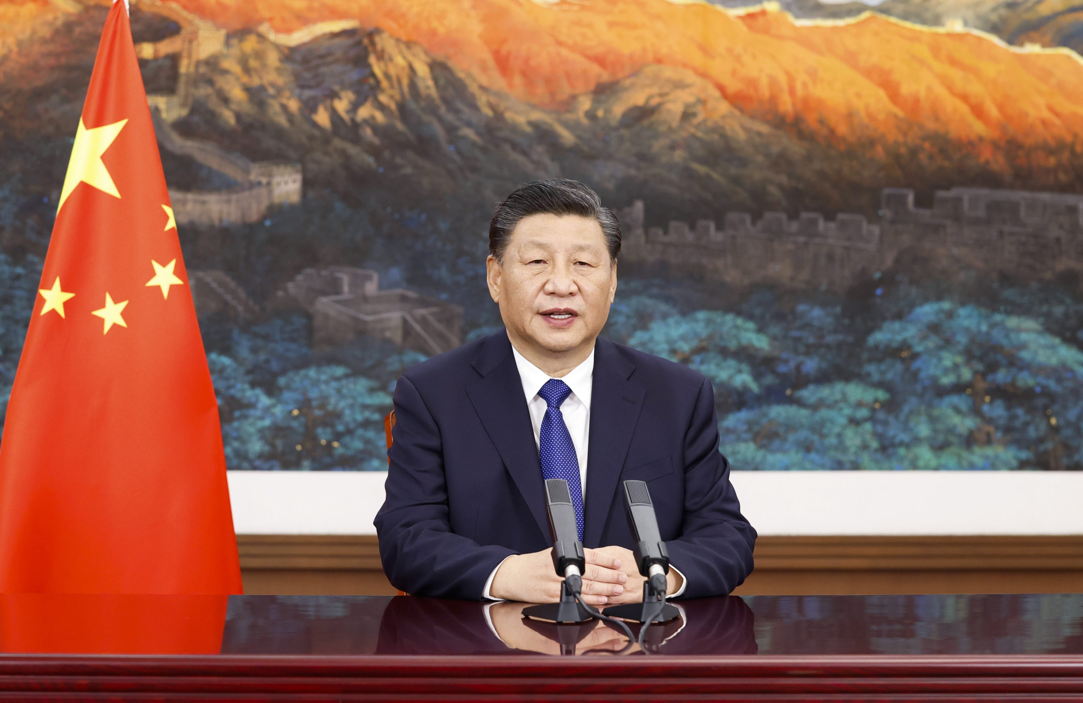 Chinese President Xi Jinping delivers a speech at the opening ceremony of the Imperial Springs International Forum via video in Beijing on Sunday. Photo: Xinhua