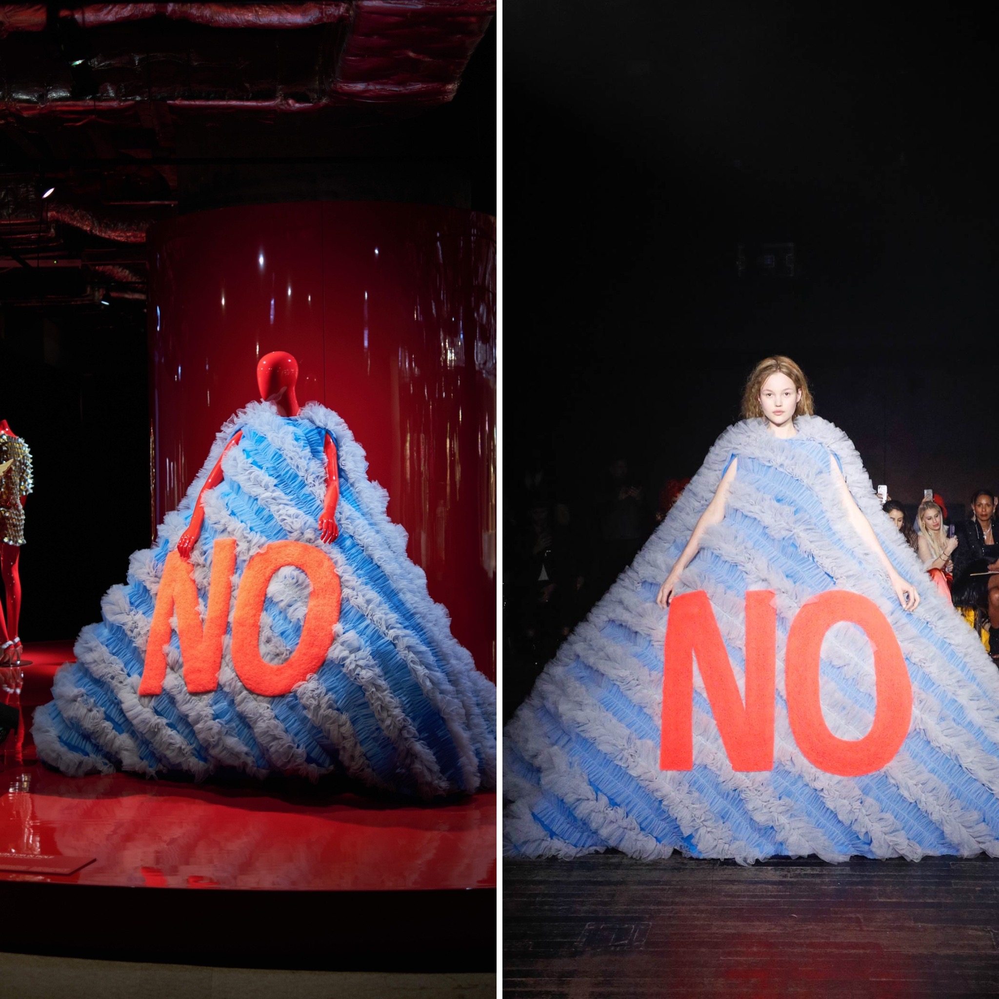 (Left) A dress from Viktor & Rolf’s spring/summer 2019 couture collection on display at K11 Musea’s “Savoir Faire: The Mastery of Craft in Fashion” exhibition; (Right) A model wears the dress at the spring/summer 2019 show.
