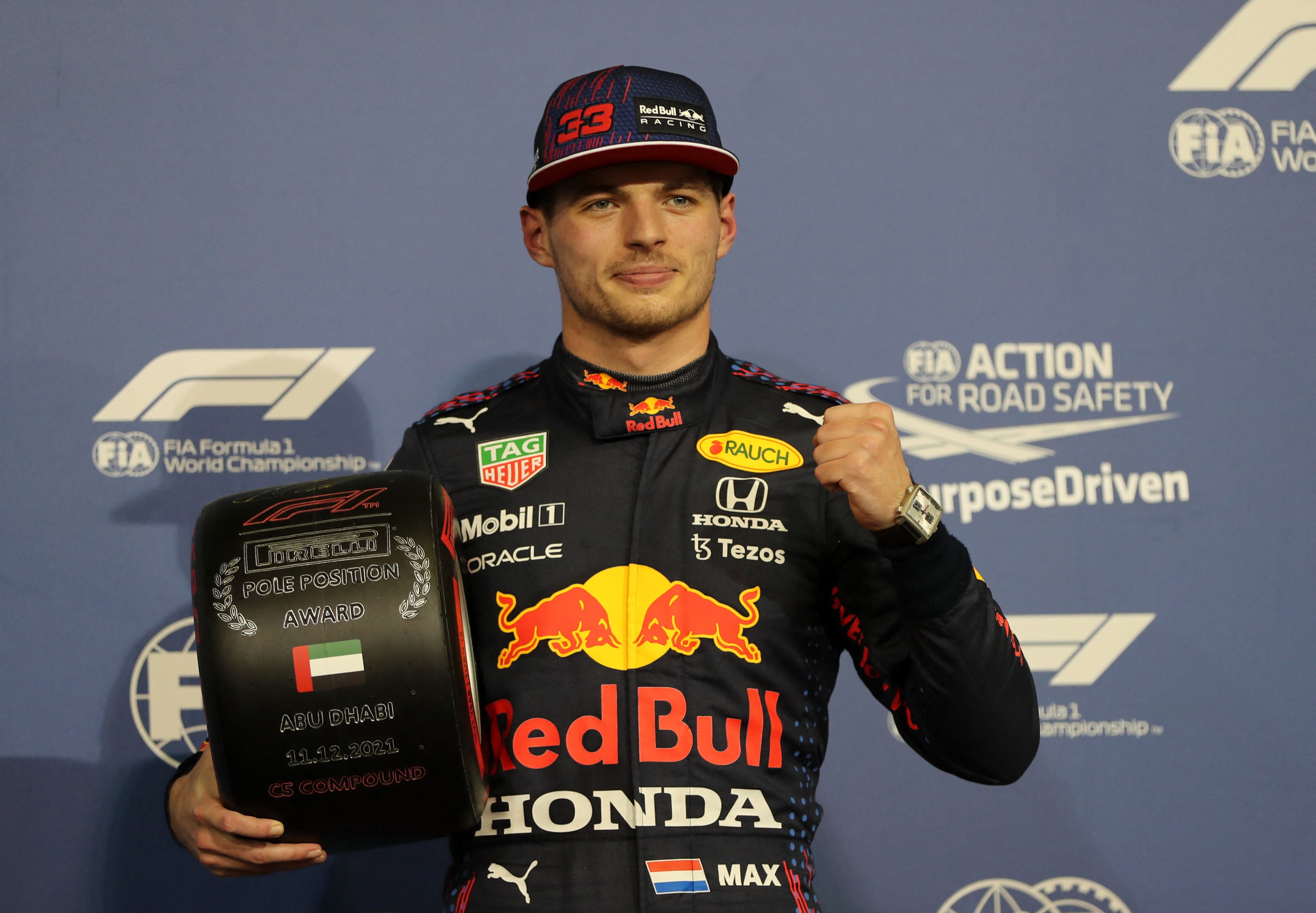 Max Verstappen celebrates after qualifying in pole position for the Abu Dhabi Grand Prix. Photo: Reuters