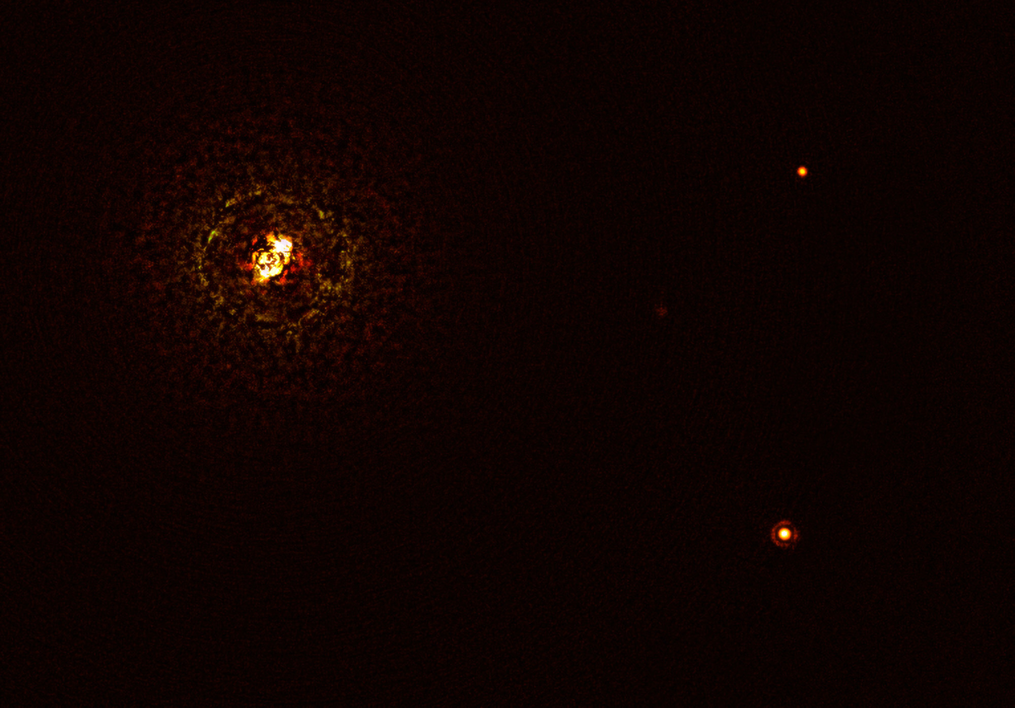 This is the first time astronomers have directly observed a planet orbiting a star pair this massive and hot. Image: European Southern Observatory / AFP