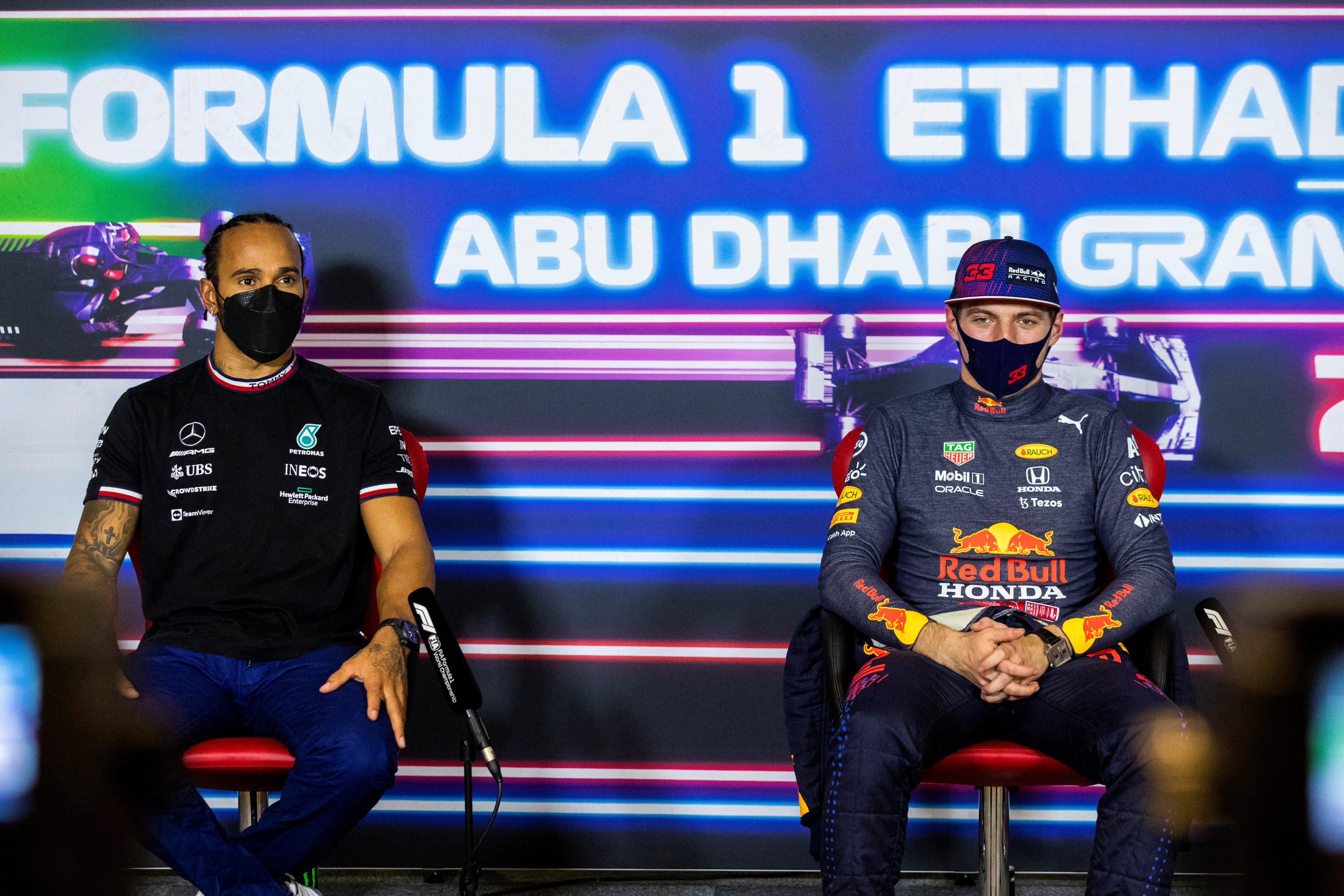Lewis Hamilton and Max Verstappen discuss the weekend’s race at a press conference in Abu Dhabi. Photo: Reuters