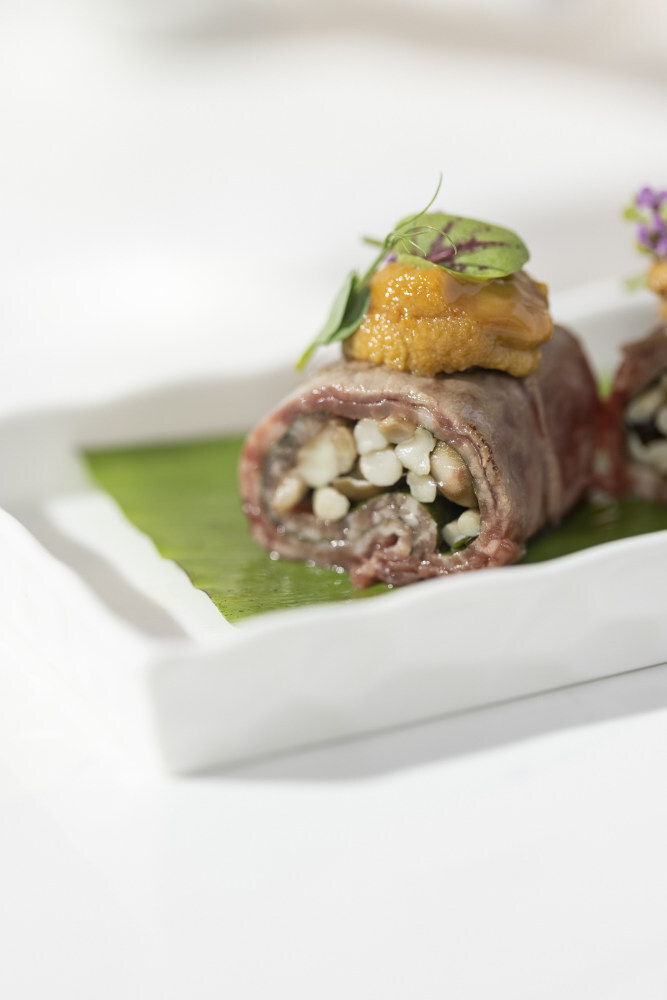 Japanese sea urchin and Black Angus beef sirloin rolls at Bacchus. Photo: Mike Pickles