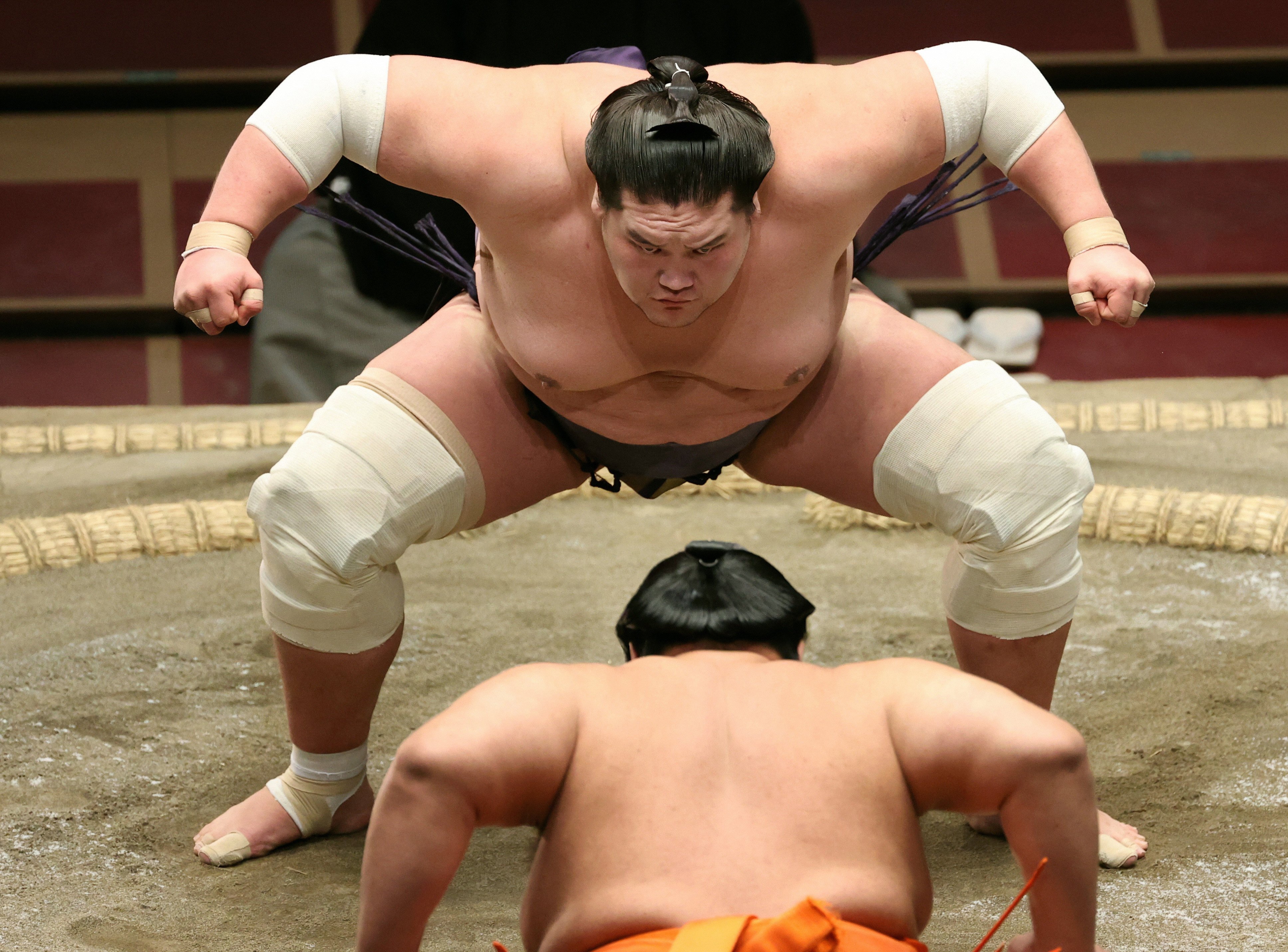 Komusubi Terunofuji prepares for his bout against Shimanoumi on day fourteen of the Grand Sumo November Tournament in Tokyo in 2020. Photo: Getty Images