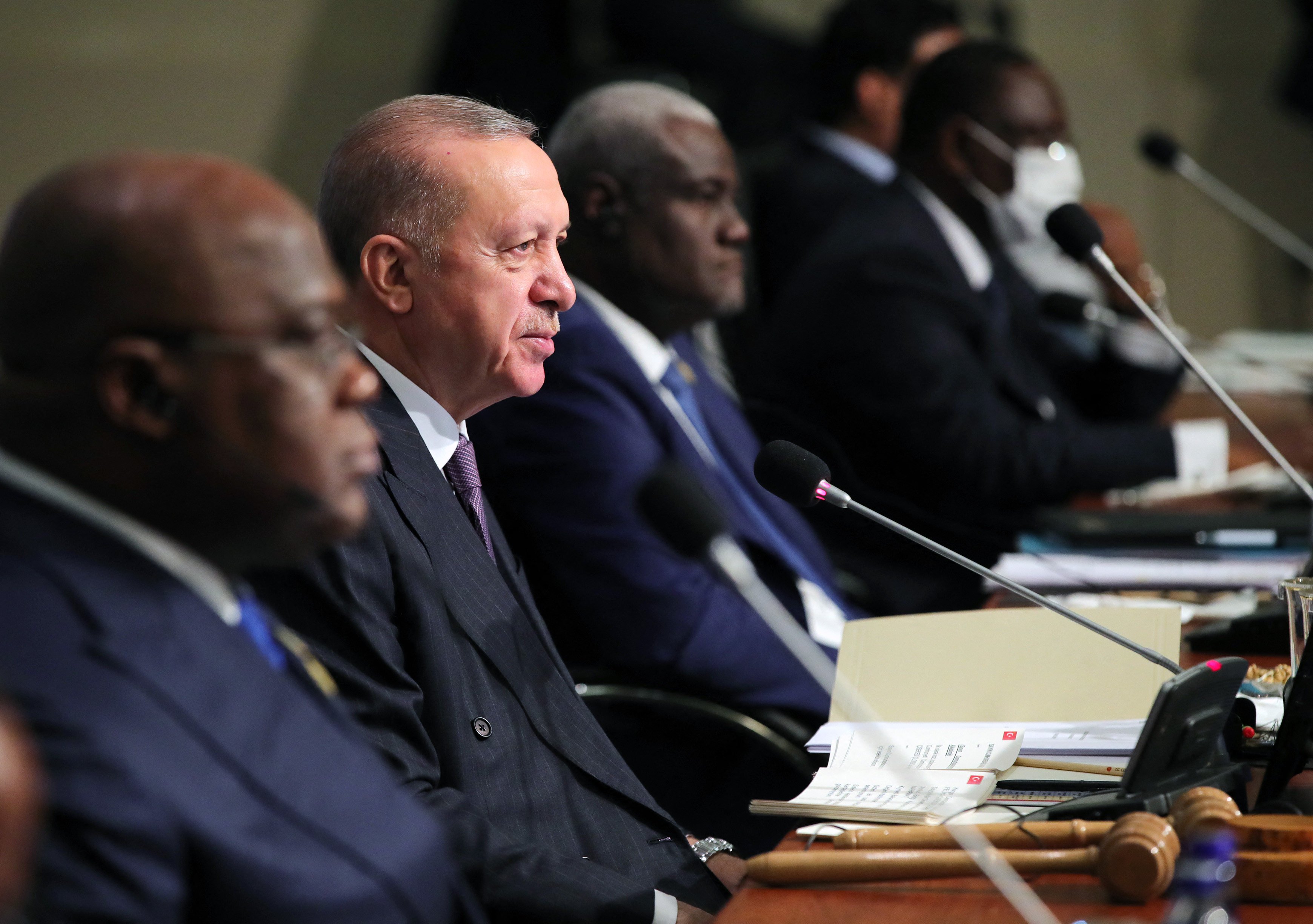 Turkish President Recep Tayyip Erdogan (C) gives a speech at the opening session of the 3rd Turkey-Africa Partnership Summit in Istanbul on December 18. Photo: Turkish Presidential Press Service via AFP