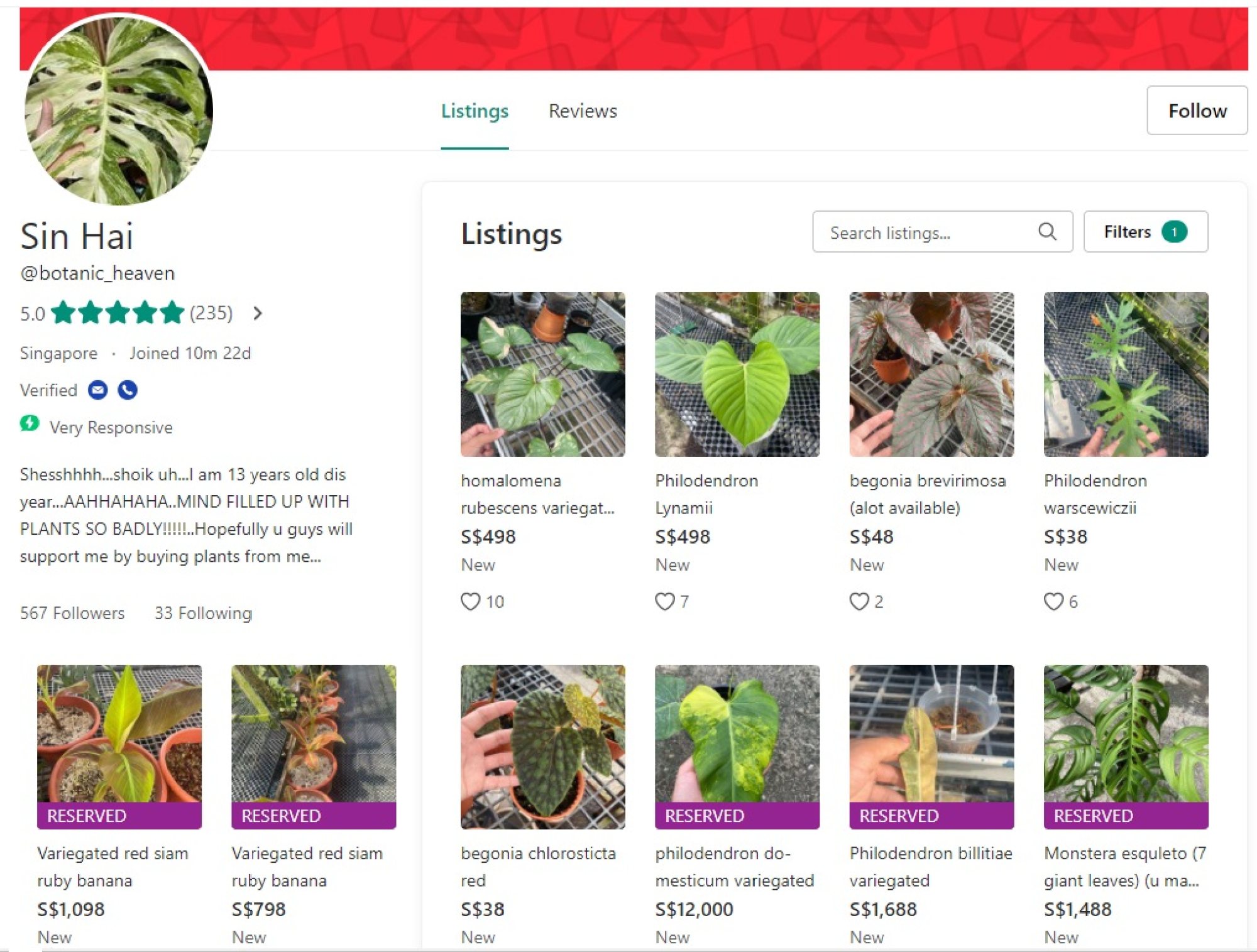A screengrab of 13-year-old Sin Hai’s Carousell store ‘Botanic Heaven’. Image: Carousell