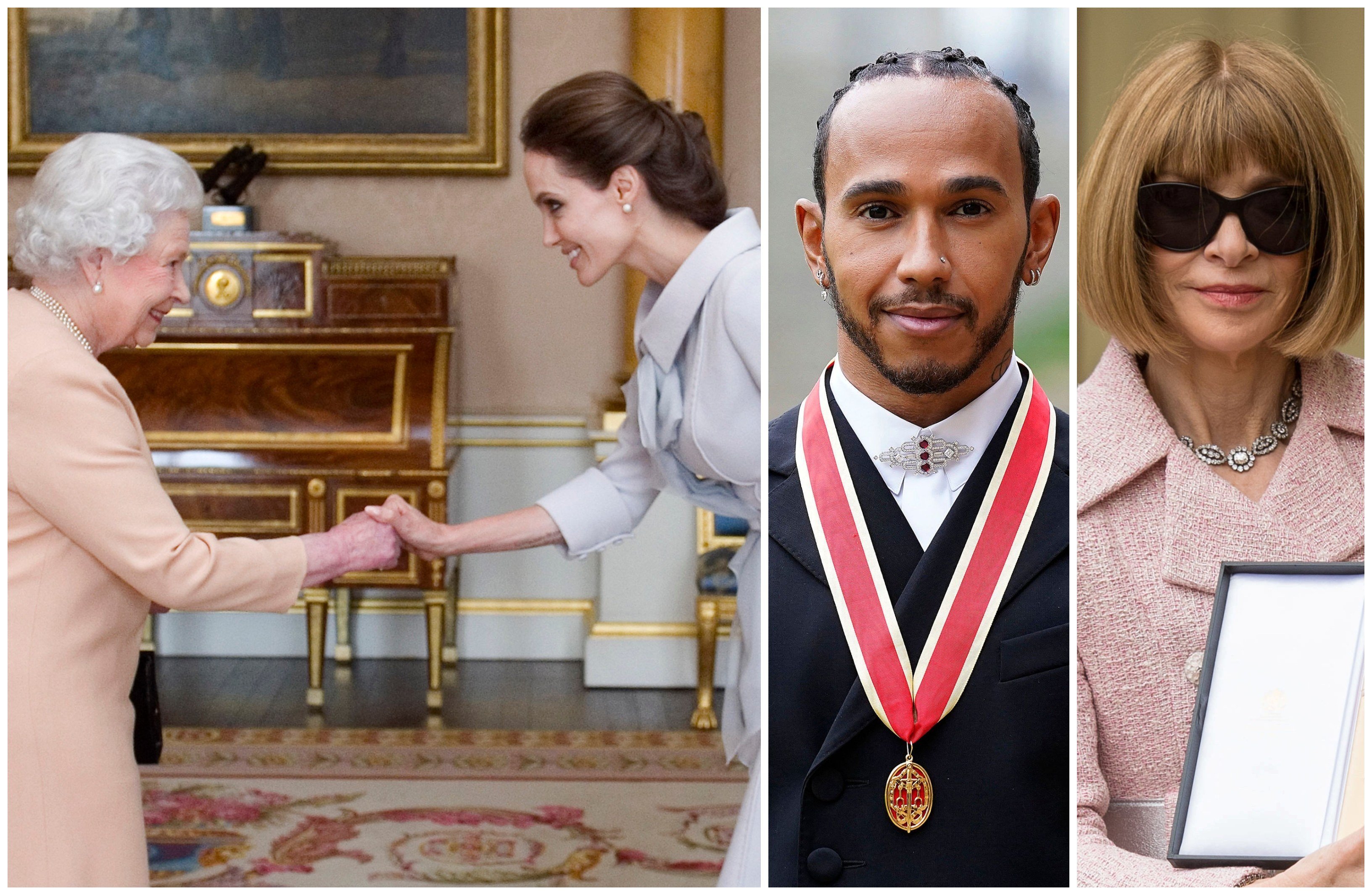 14 celebs made a knight or dame by Britain’s Queen Elizabeth and other royals, from US actress Angelina Jolie to racing driver Lewis Hamilton and Vogue’s Anna Wintour. Photos: Getty, AP