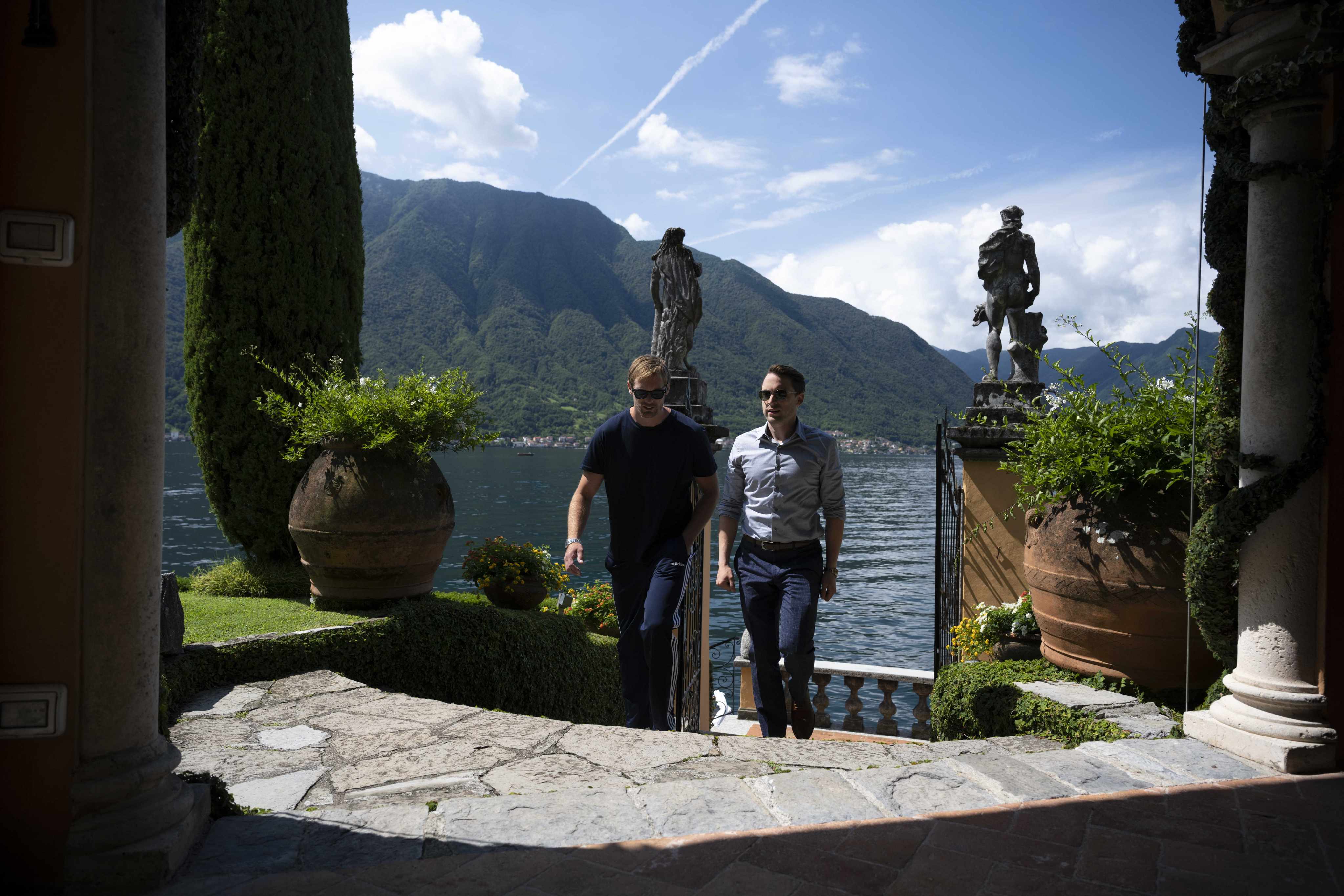 Succession’s Lukas Mattson (Alexander Skarsgard) and Roman Roy (Kieran Culkin) at Villa La Cassinella, Lake Como. It is one of the many Italian filming locations we have seen on our screens this year. Photo: HBO Go