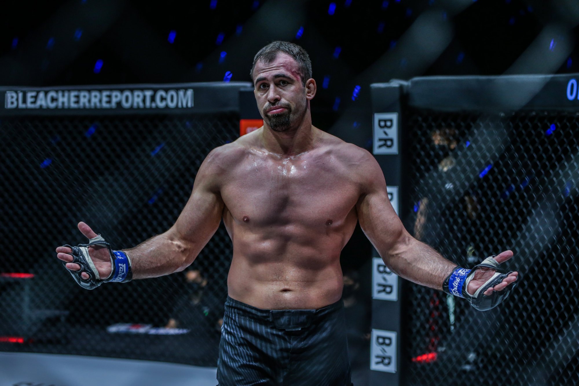 Kirill Grishenko gestures after ‘Reug Reug’ goes down to the canvas. Photo: ONE Championship