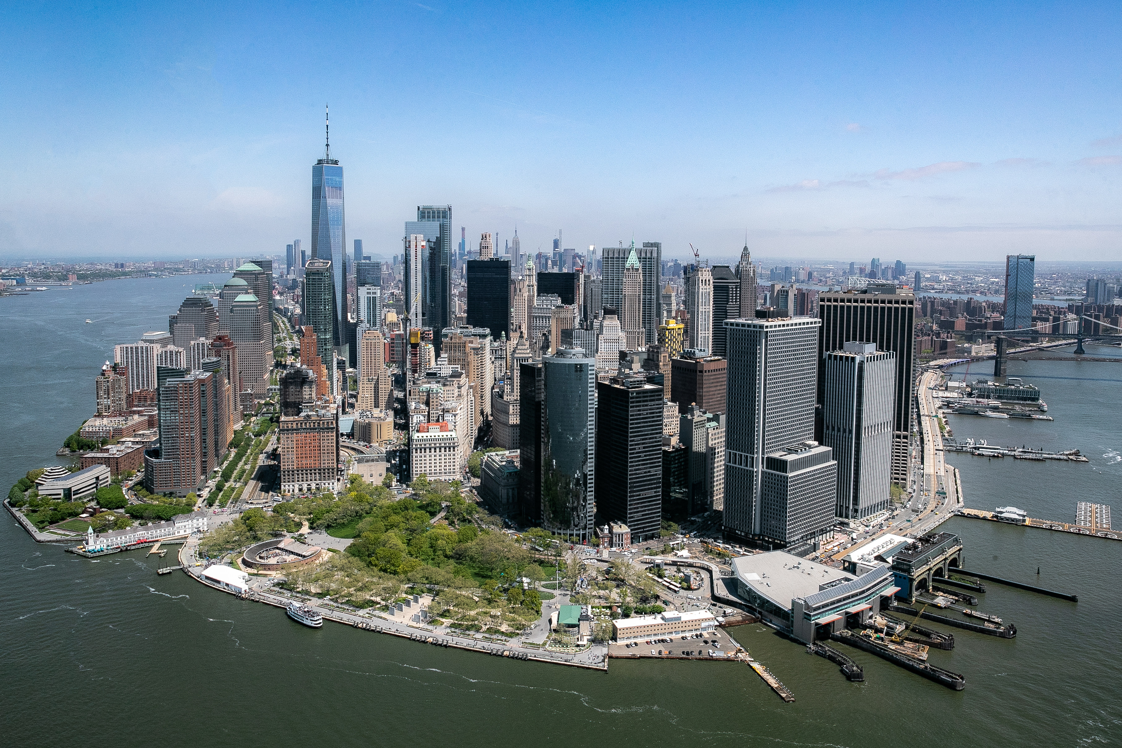 The lower Manhattan skyline is seen during a helicopter ride above the Financial District of New York. Photo: Bloomberg