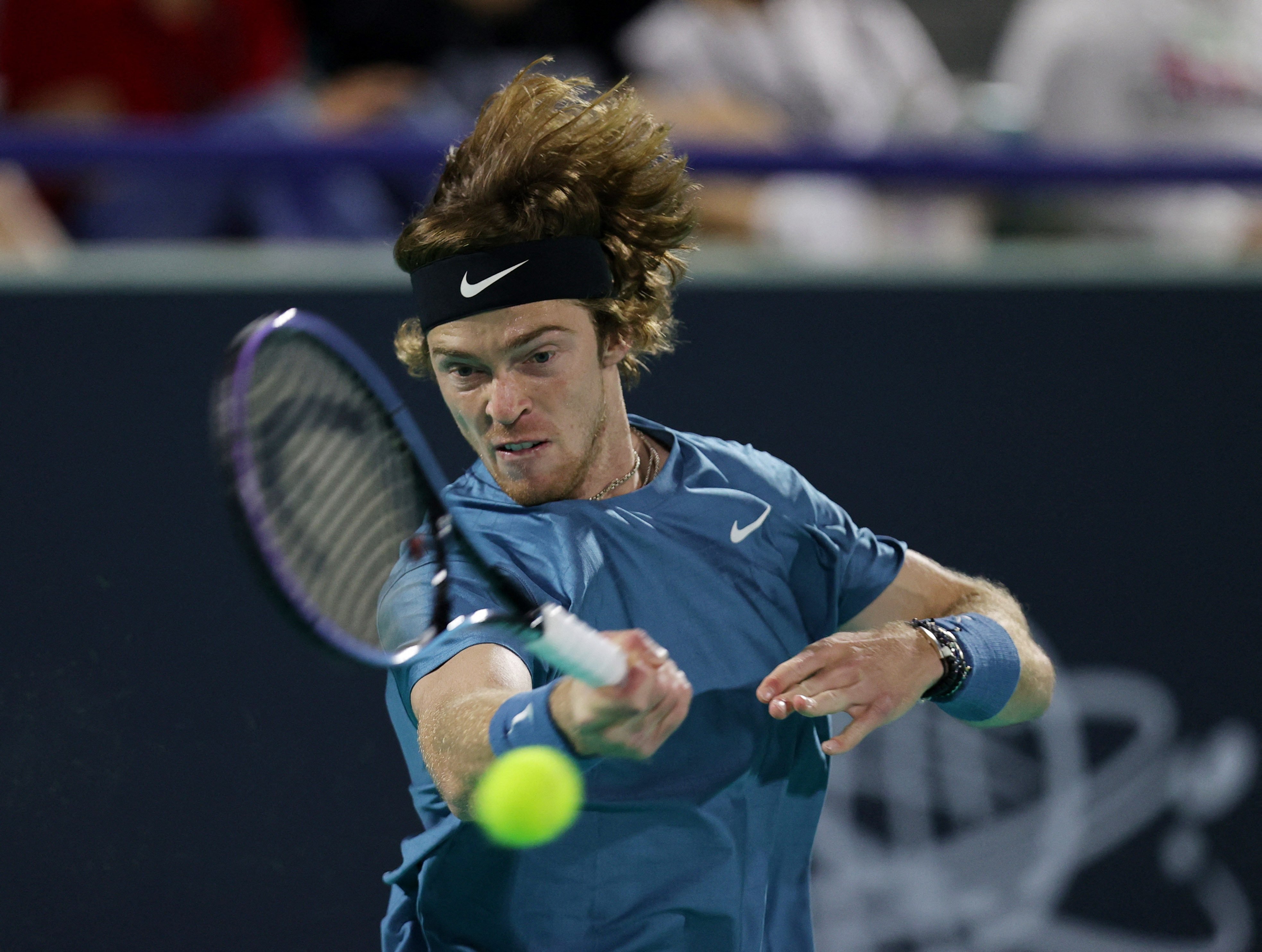 Andrey Rublev in action during his final match against Andy Murray at the Mubadala World Tennis Championship in Abu Dhabi. Photo: Reuters