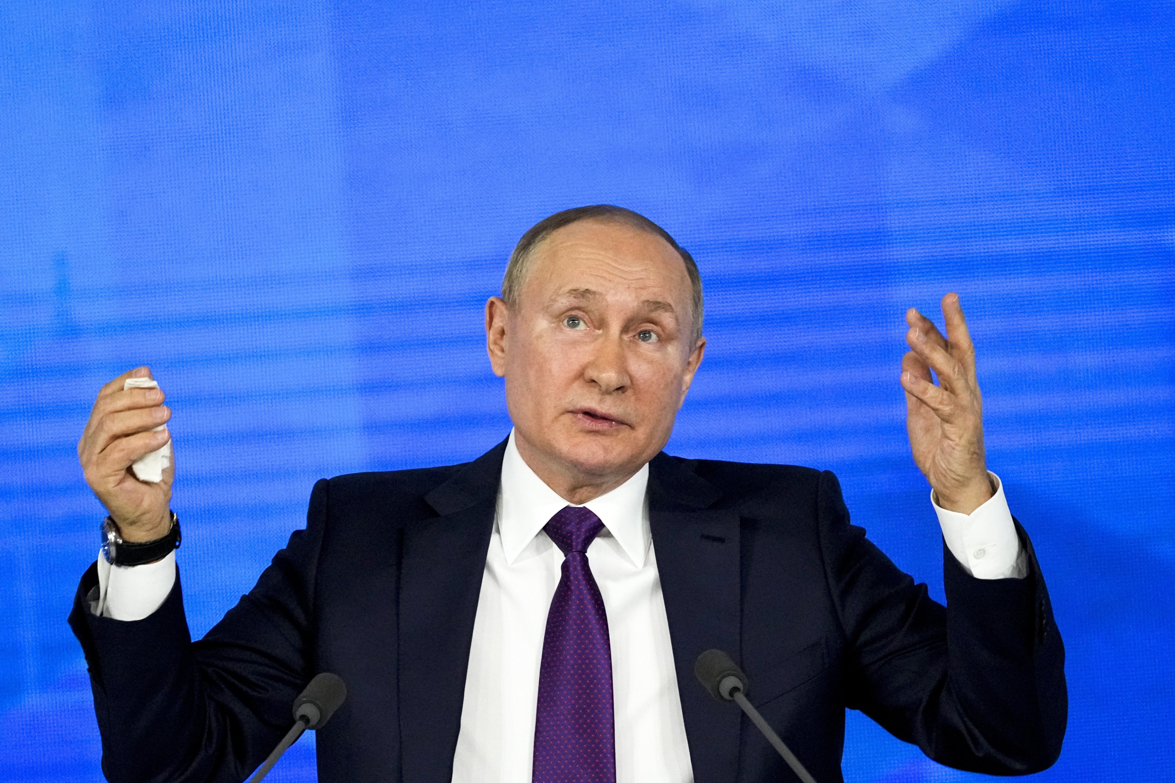 Russian President Vladimir Putin gestures during his annual news conference in Moscow on December 23. Putin’s insistence that Ukraine stay in Russia’s sphere of influence is shaped by a history of foreign invasion and a rejection of Ukrainian sovereignty. Photo: AP