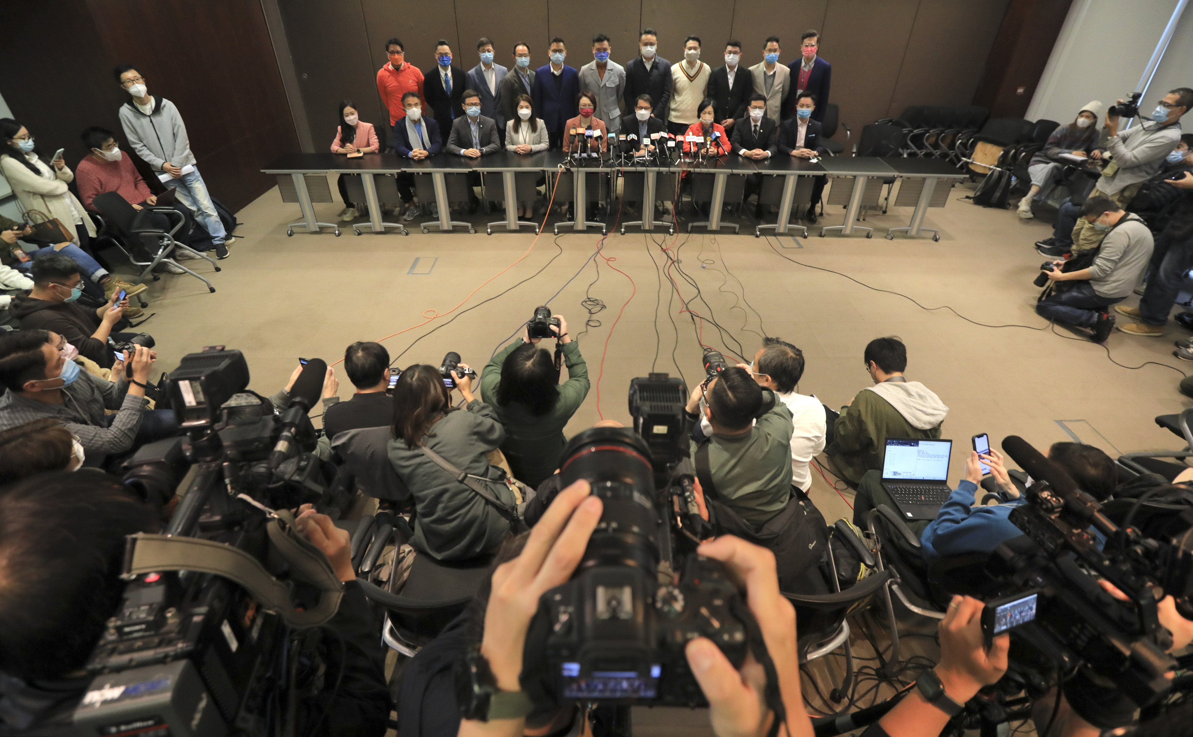 Newly elected Legislative Council lawmakers from geographic constituencies meet the media at Legco in Admiralty on December 22. Photo: Felix Wong