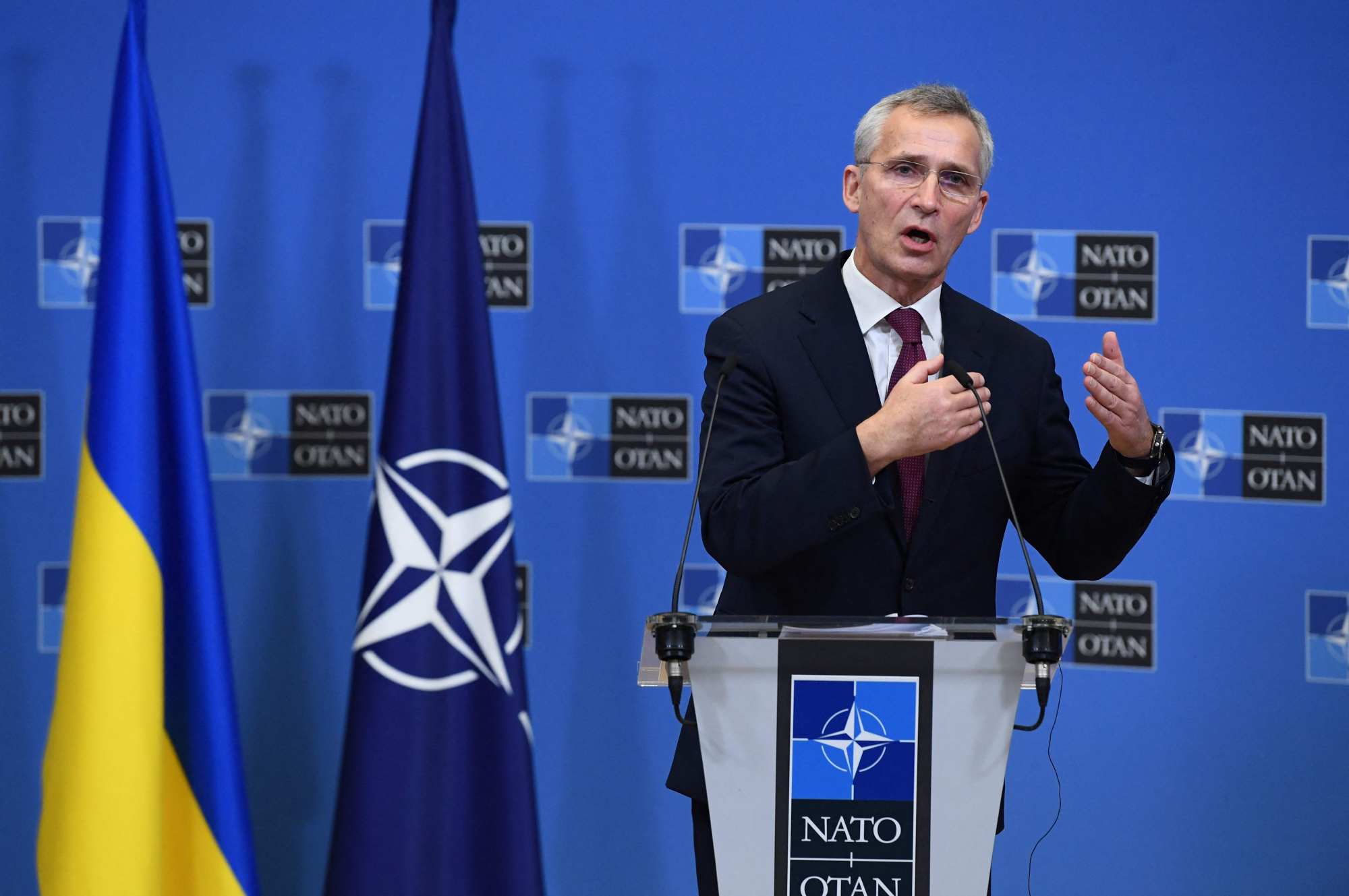 Nato Secretary General Jens Stoltenberg talks during a press conference following a meeting with Ukraine’s foreign minister at the EU headquarters in Brussels on December 16. Photo: AFP