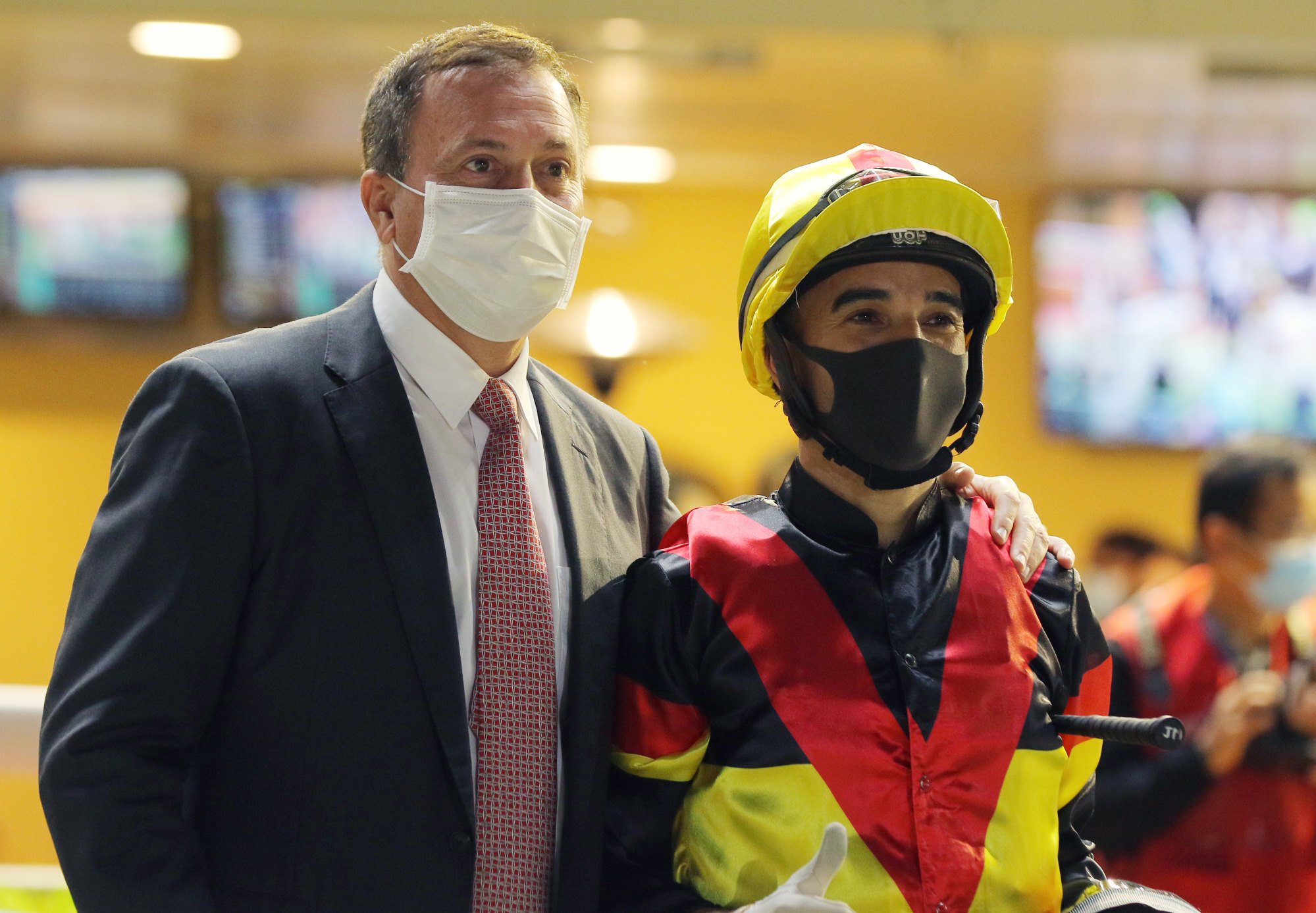 Trainer Caspar Fownes and jockey Joao Moreira celebrate Zebrowski’s victory.